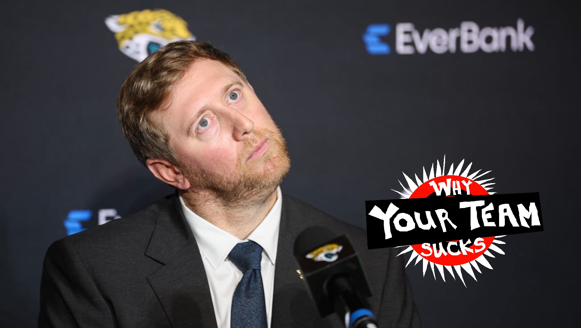 Liam Coen, new Head Coach of the Jacksonville Jaguars, reacts as he is introduced to the media at the Miller Electric Center on January 27, 2025 in Jacksonville, Florida.
