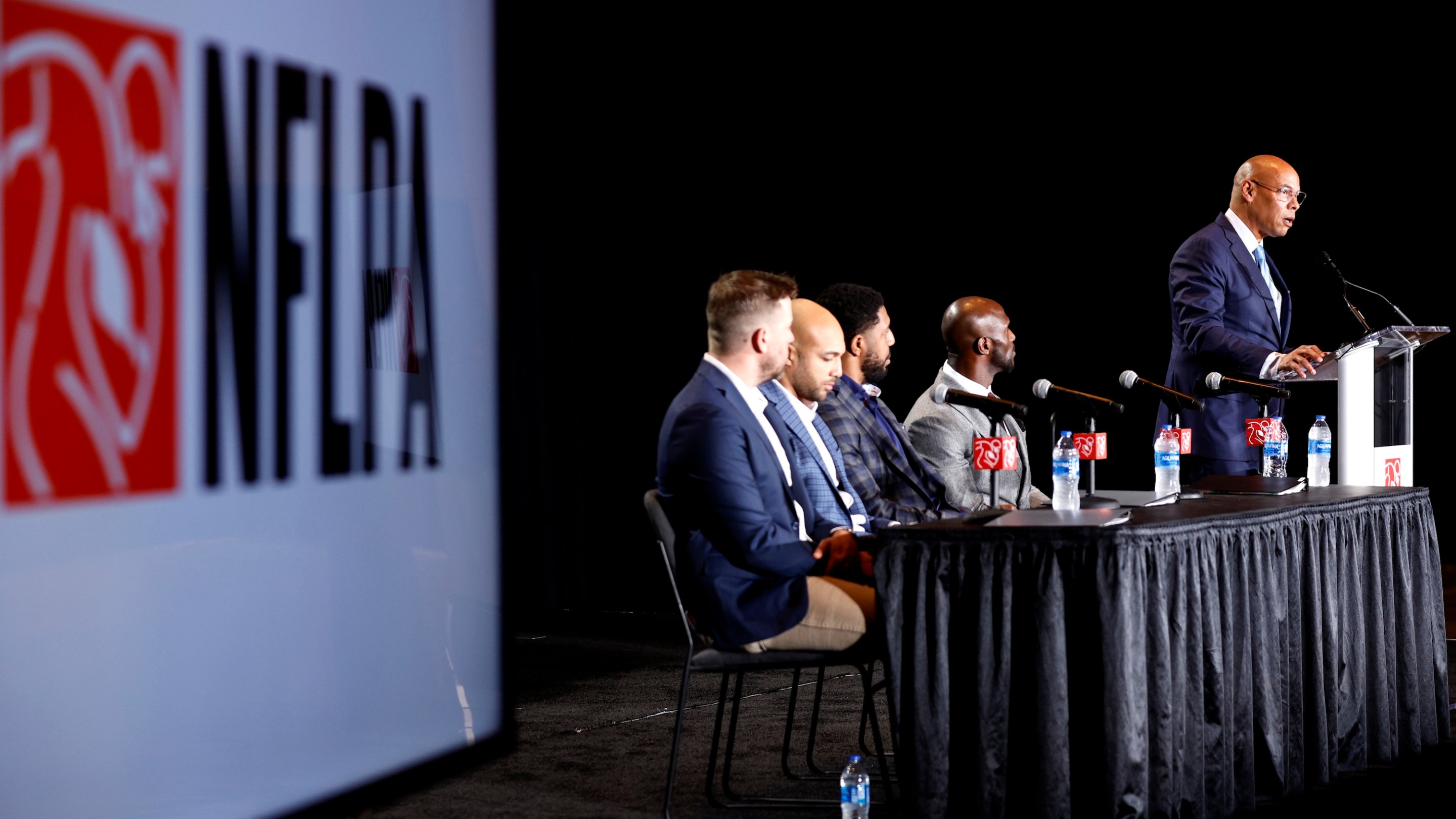 NEW ORLEANS, LOUISIANA - FEBRUARY 05: NFLPA Executive Director Lloyd Howell discusses the state of the union and its direction for the upcoming year before fielding questions from the media on February 05, 2025 in New Orleans, Louisiana. (Photo by Sean Gardner/Getty Images)