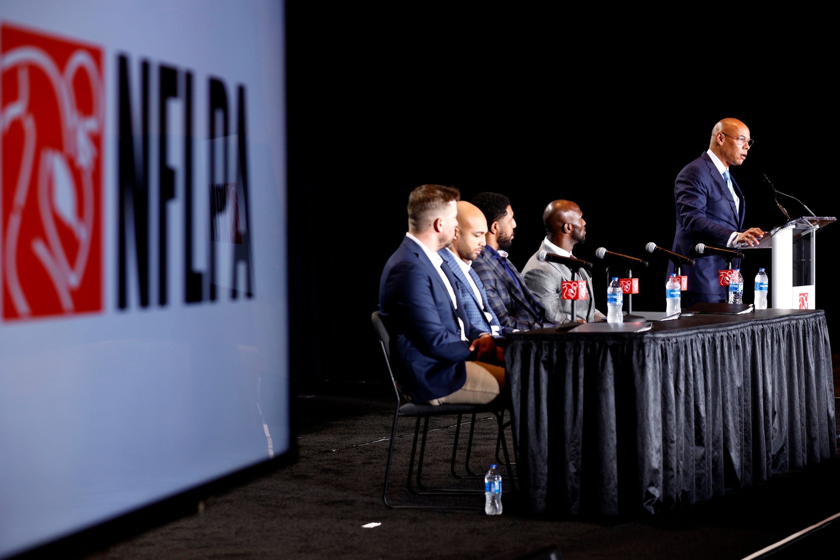 NEW ORLEANS, LOUISIANA - FEBRUARY 05: NFLPA Executive Director Lloyd Howell discusses the state of the union and its direction for the upcoming year before fielding questions from the media on February 05, 2025 in New Orleans, Louisiana. (Photo by Sean Gardner/Getty Images)