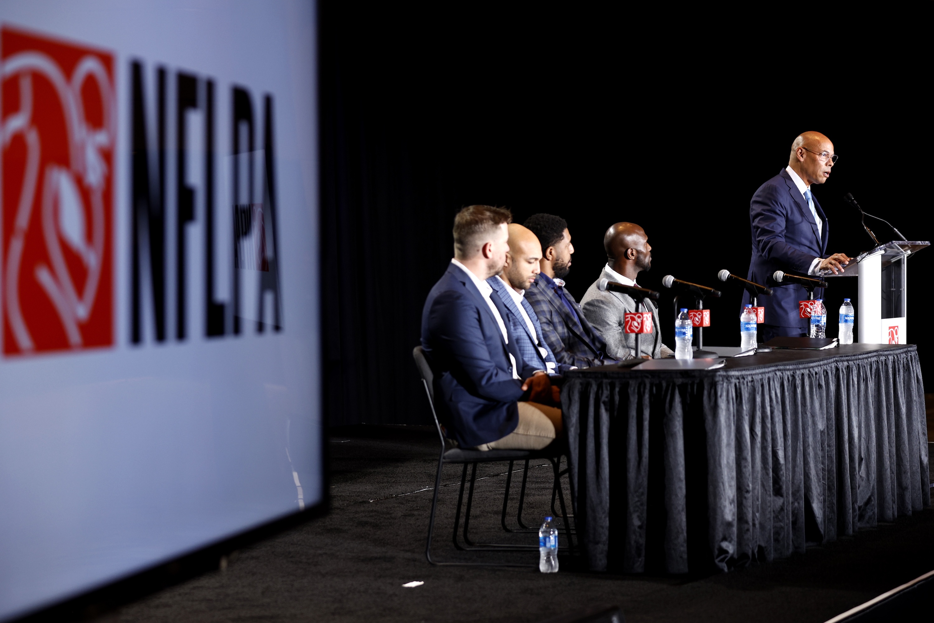 NEW ORLEANS, LOUISIANA - FEBRUARY 05: NFLPA Executive Director Lloyd Howell discusses the state of the union and its direction for the upcoming year before fielding questions from the media on February 05, 2025 in New Orleans, Louisiana. (Photo by Sean Gardner/Getty Images)