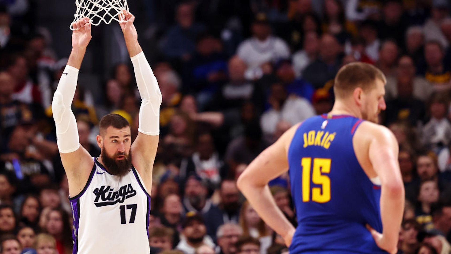 Jonas Valanciunas #17 of the Sacramento Kings looks on against Nikola Jokic #15 of the Denver Nuggets during the second quarter at Ball Arena on March 5, 2025 in Denver, Colorado. NOTE TO USER: User expressly acknowledges and agrees that, by downloading and/or using this Photograph, user is consenting to the terms and conditions of the Getty Images License Agreement.