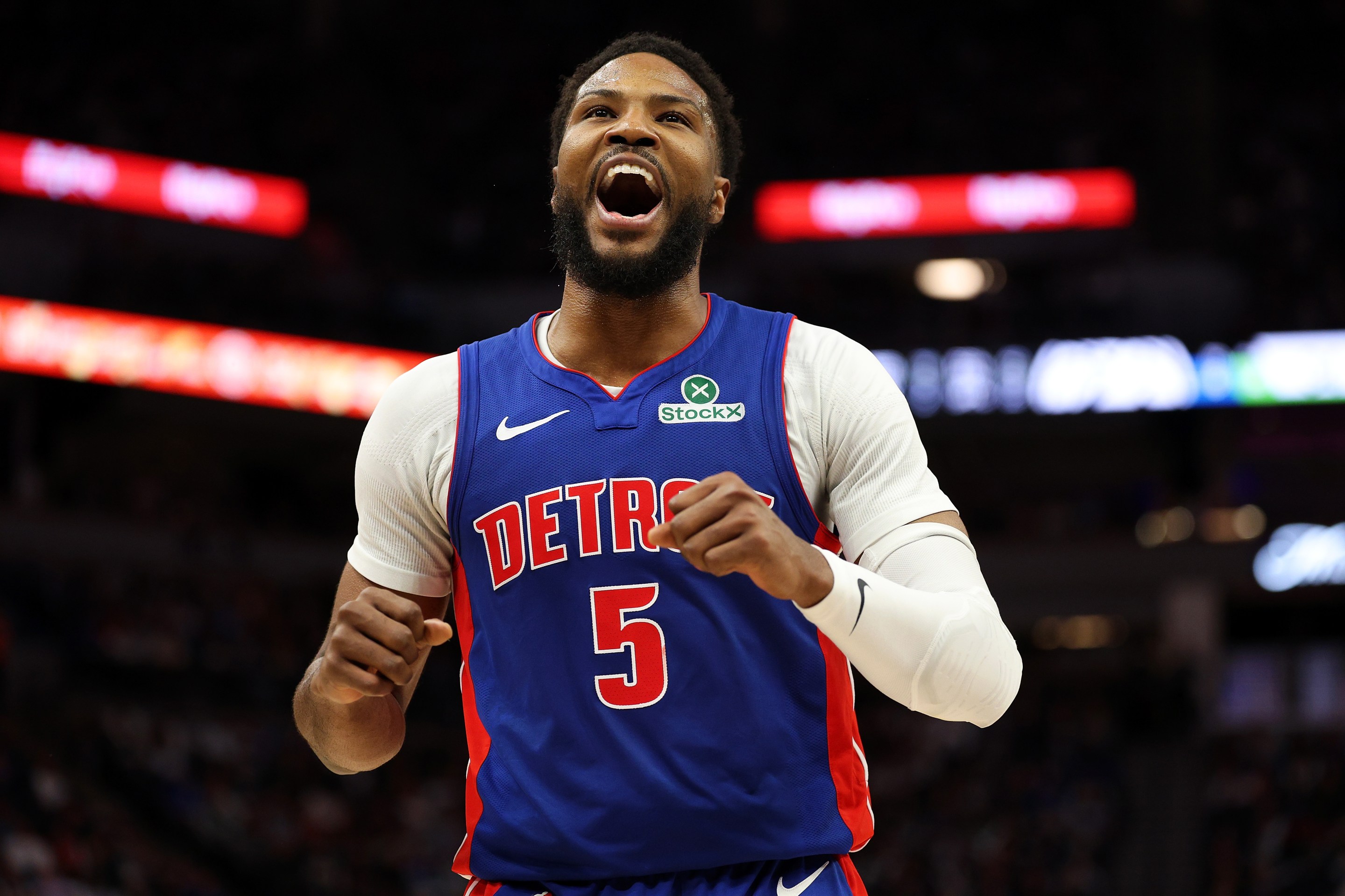 Malik Beasley #5 of the Detroit Pistons celebrates his three-point basket against the Minnesota Timberwolves in the second quarter at Target Center on March 30, 2025 in Minneapolis, Minnesota. NOTE TO USER: User expressly acknowledges and agrees that, by downloading and or using this photograph, User is consenting to the terms and conditions of the Getty Images License Agreement. (Photo by David Berding/Getty Images)
