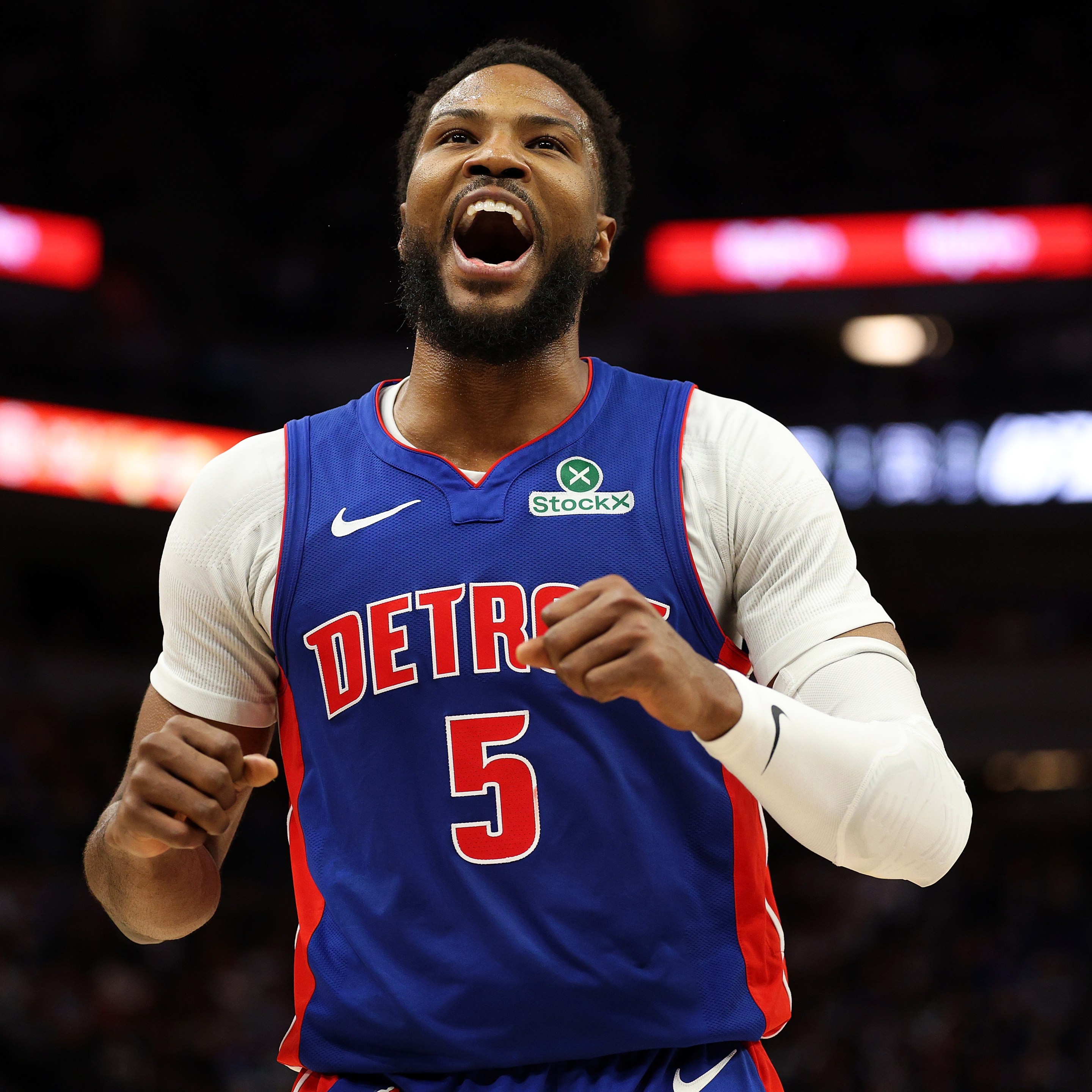 Malik Beasley #5 of the Detroit Pistons celebrates his three-point basket against the Minnesota Timberwolves in the second quarter at Target Center on March 30, 2025 in Minneapolis, Minnesota. NOTE TO USER: User expressly acknowledges and agrees that, by downloading and or using this photograph, User is consenting to the terms and conditions of the Getty Images License Agreement. (Photo by David Berding/Getty Images)