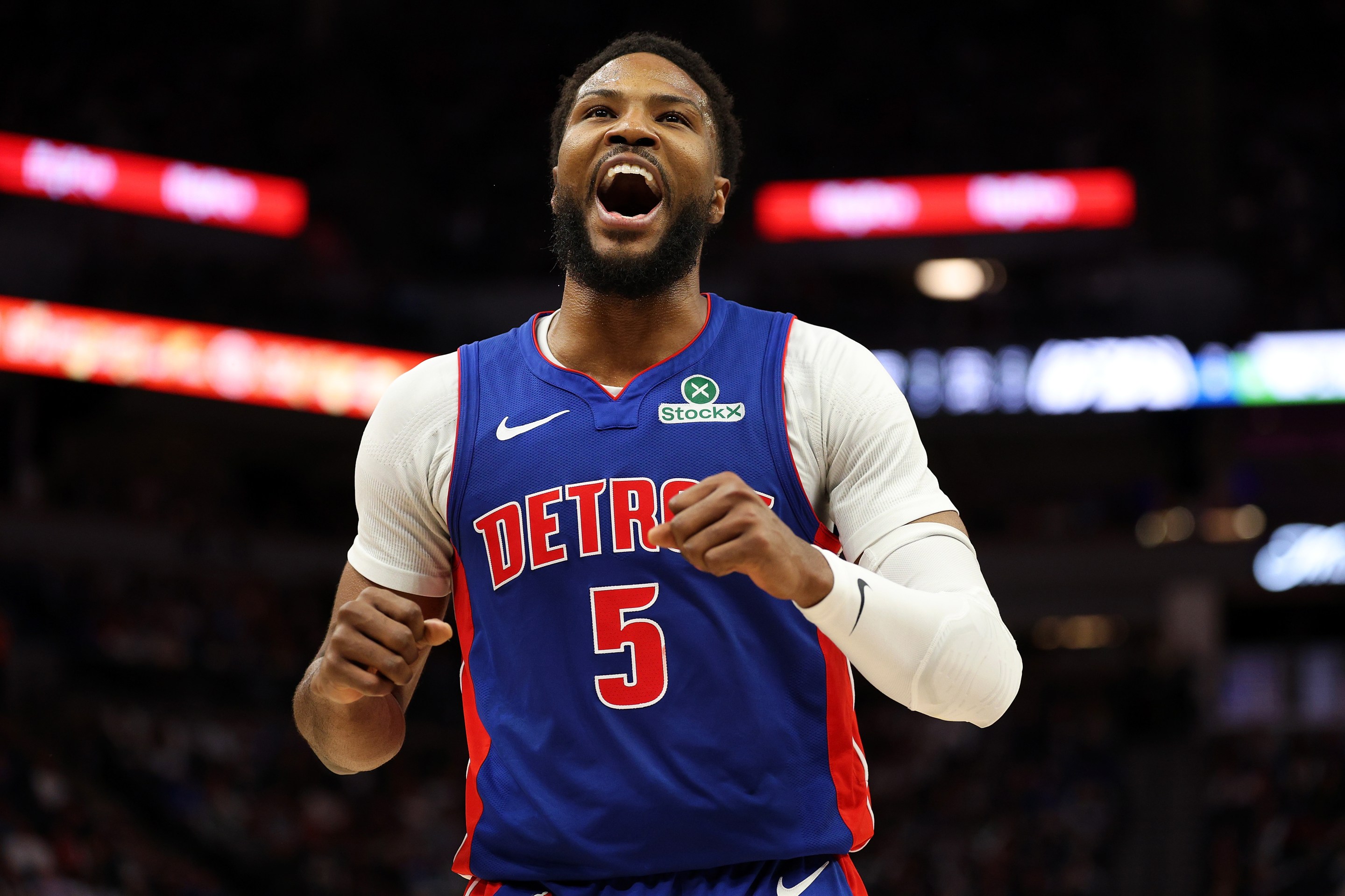 Malik Beasley #5 of the Detroit Pistons celebrates his three-point basket against the Minnesota Timberwolves in the second quarter at Target Center on March 30, 2025 in Minneapolis, Minnesota. NOTE TO USER: User expressly acknowledges and agrees that, by downloading and or using this photograph, User is consenting to the terms and conditions of the Getty Images License Agreement. (Photo by David Berding/Getty Images)