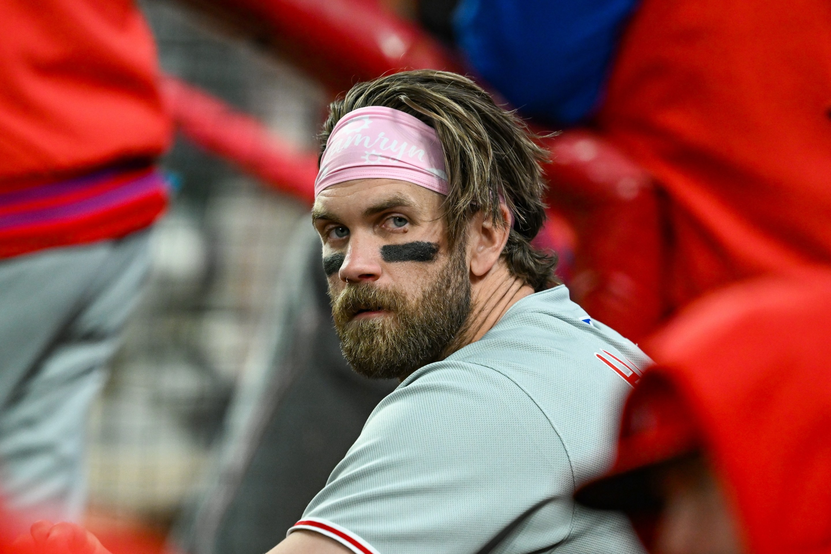 Philadelphia first baseman Bryce Harper looking stern in the dugout during the MLB game between the Philadelphia Phillies and the Atlanta Braves on April 9th, 2025.