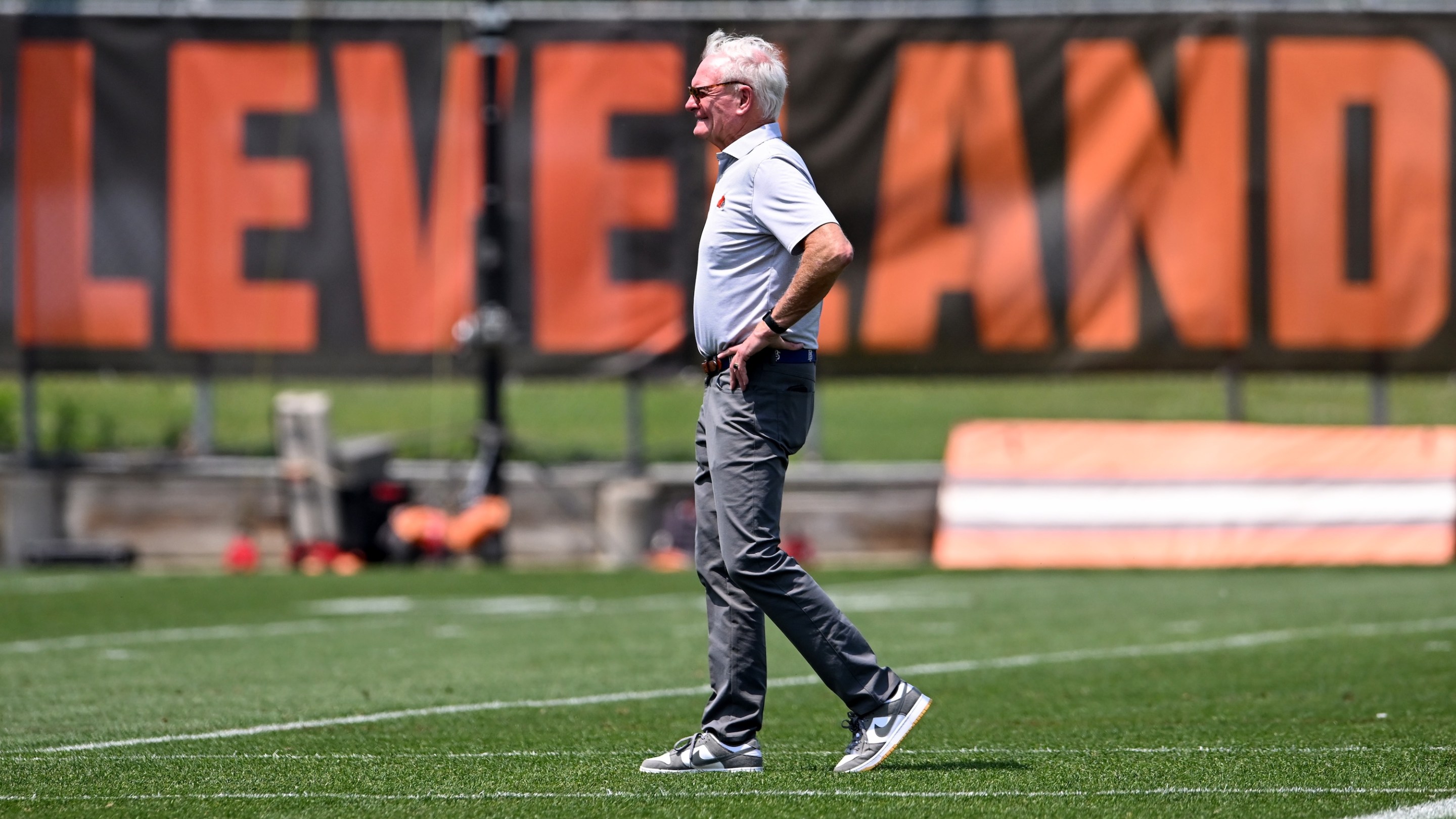BEREA, OHIO - JUNE 04: Managing and principal partner Jimmy Haslam of the Cleveland Browns looks on during Cleveland Browns OTA offseason workouts at CrossCountry Mortgage Campus on June 04, 2025 in Berea, Ohio. (Photo by Nick Cammett/Getty Images)