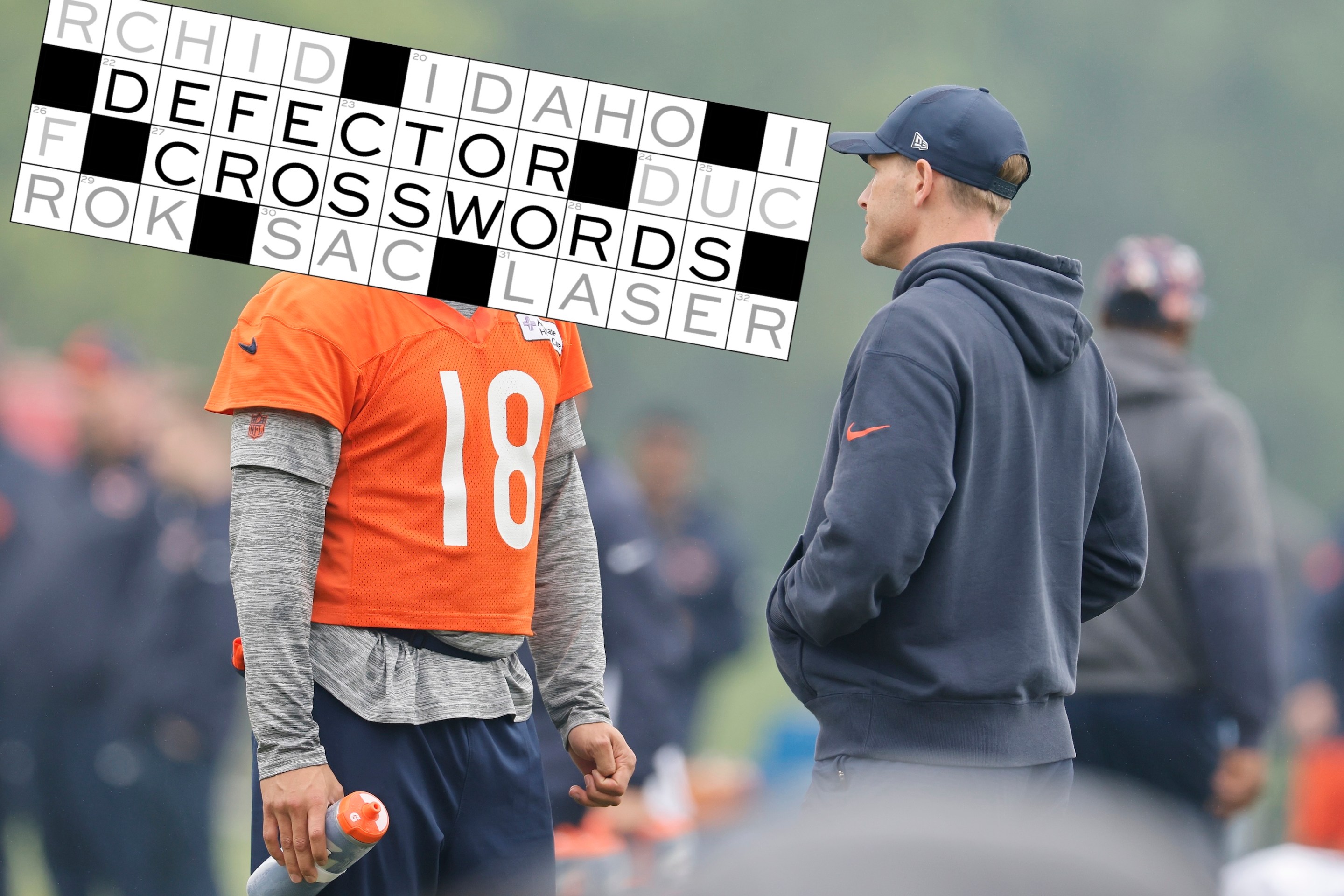 Caleb Williams #18 of the Chicago Bears talks with head coach Ben Johnson during Chicago Bears OTA Offseason Workout at Halas Hall on June 04, 2025 in Lake Forest, Illinois.