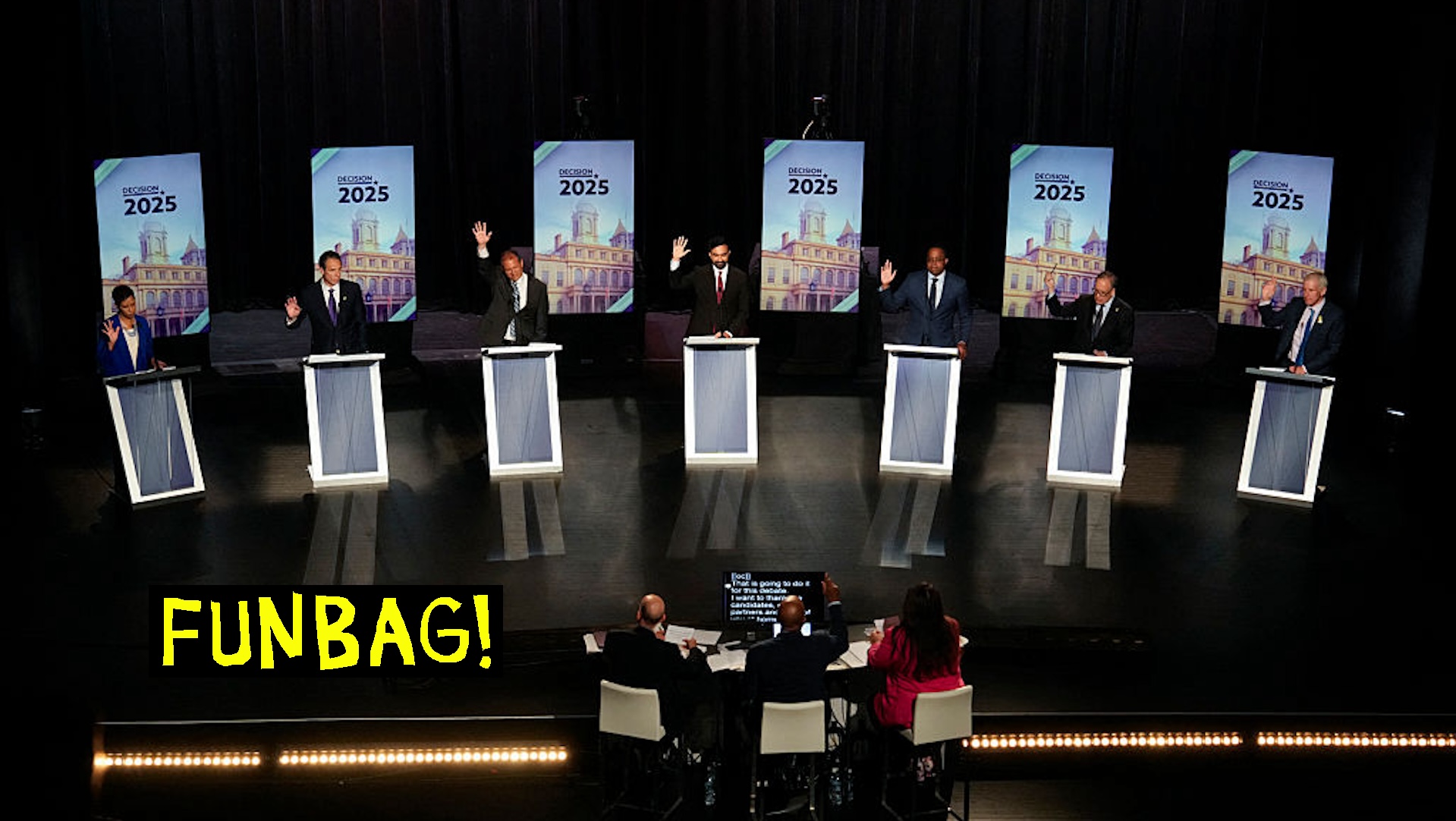 Democratic mayoral candidates (L/R) City Council Speaker Adrienne Adams, former Gov. Andrew Cuomo, city Comptroller Brad Lander, state Assemblymember Zohran Mamdani, state Sen. Zellnor Myrie, former city Comptroller Scott Stringer and former hedge fund manager Whitney Tilson participate in the New York City Democratic Mayoral Primary Debate at the John Jay College of Criminal Justice in the Gerald W. Lynch Theater on June 12, 2025 in New York City. Seven candidates will be participating in the final debate before the Democratic primary election for mayor.