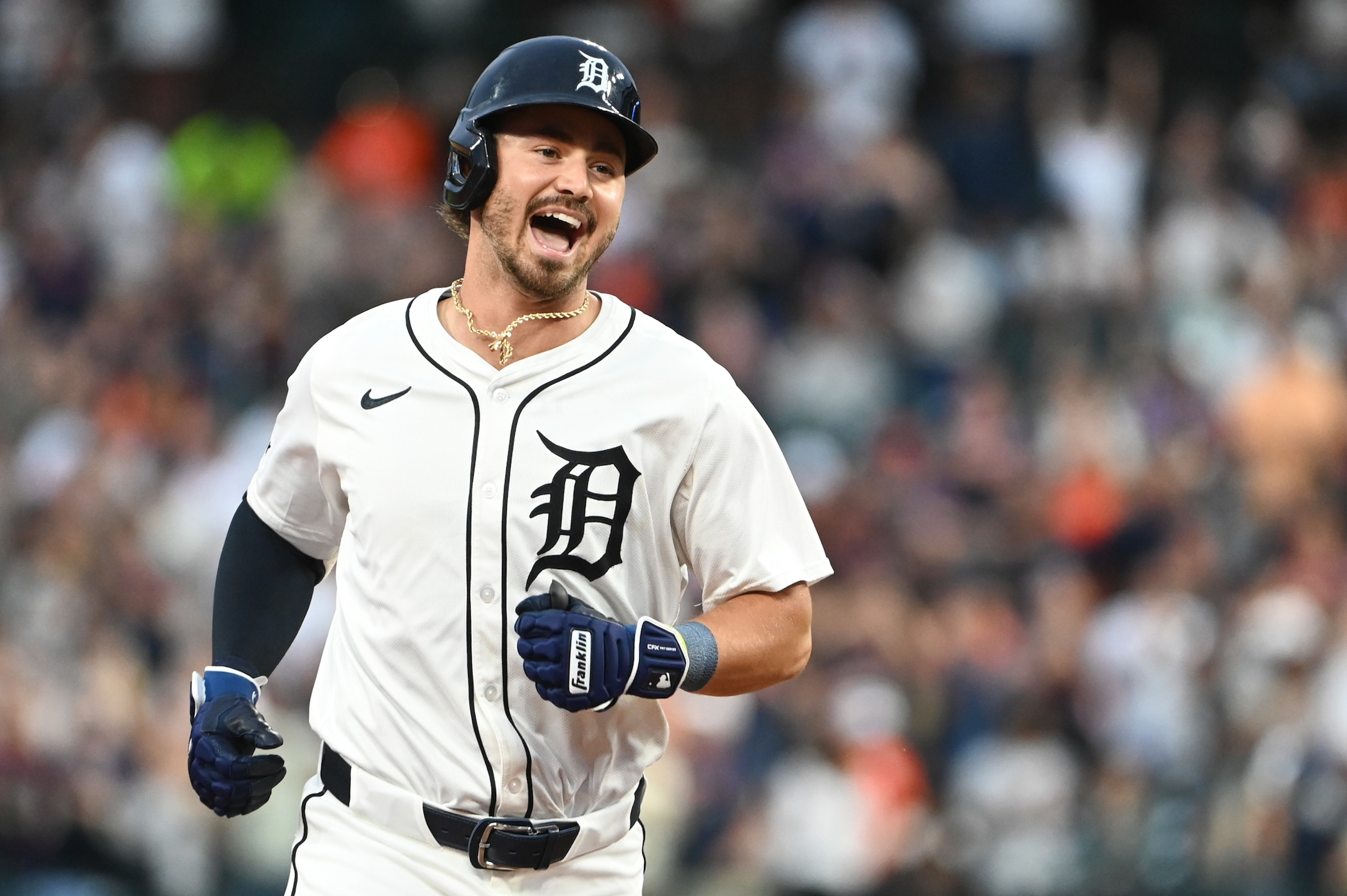 Zach McKinstry #39 of the Detroit Tigers rounds the bases after hitting a solo home run