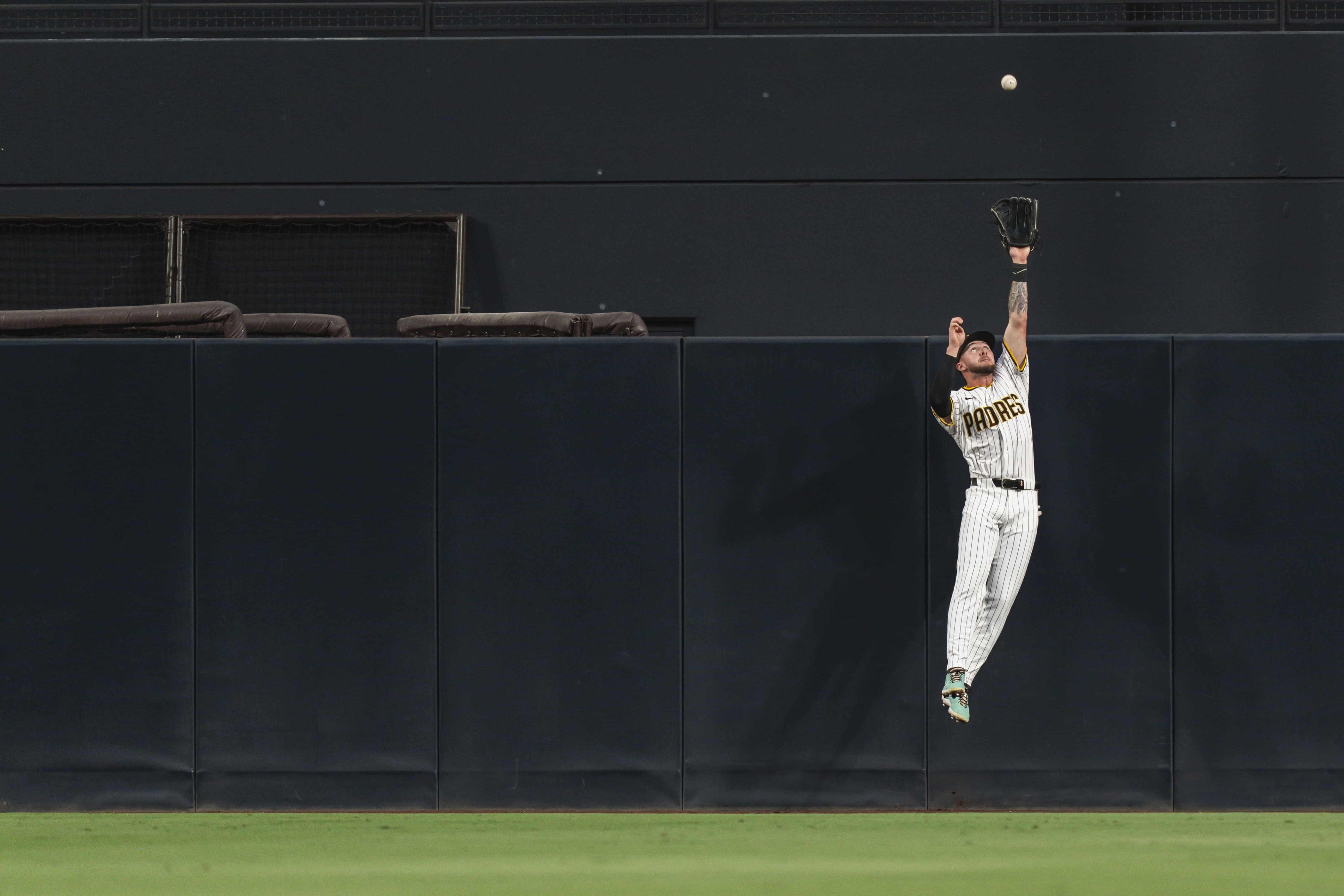 jackson merril leaps up over the outfield fence to grab a ball