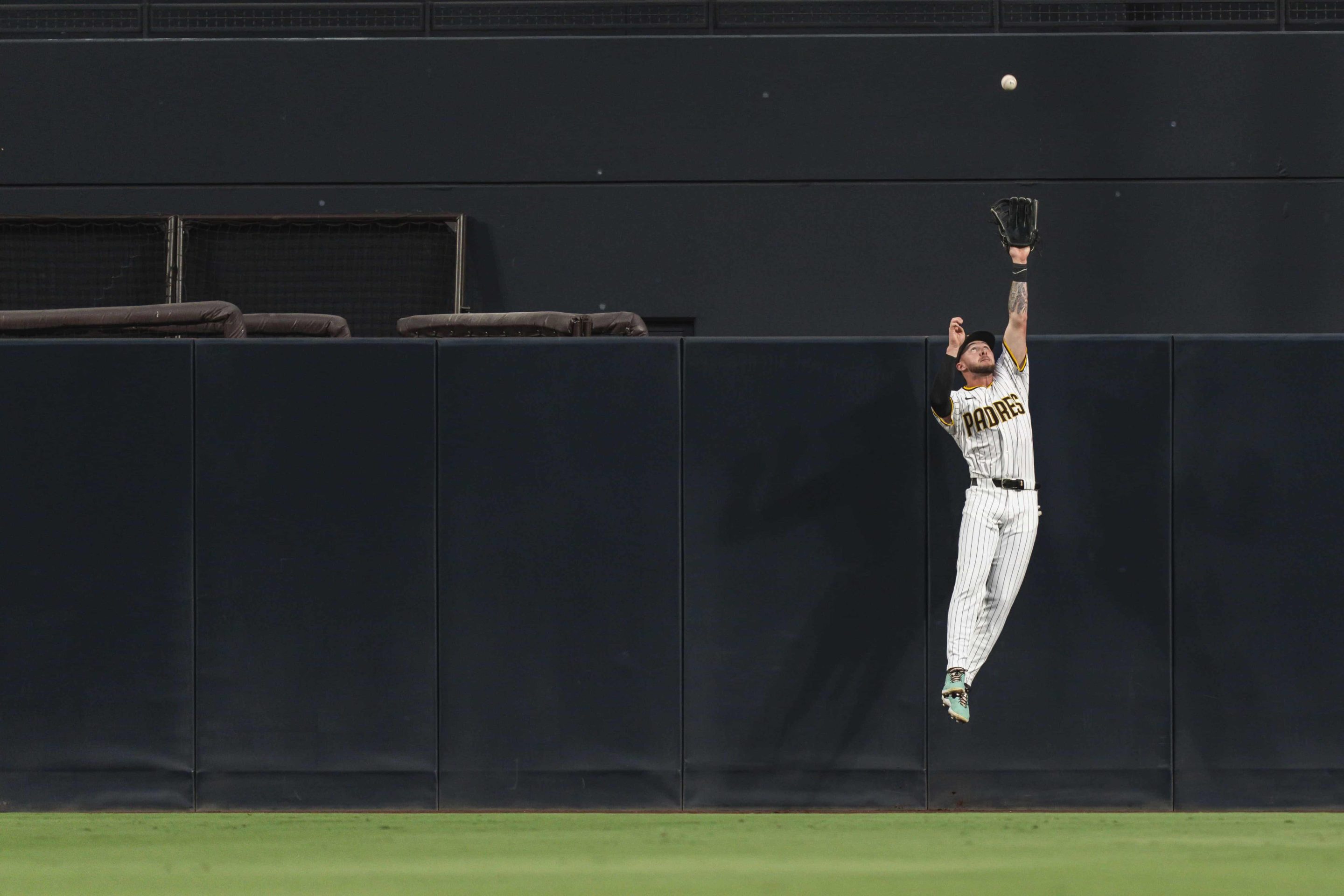 jackson merril leaps up over the outfield fence to grab a ball