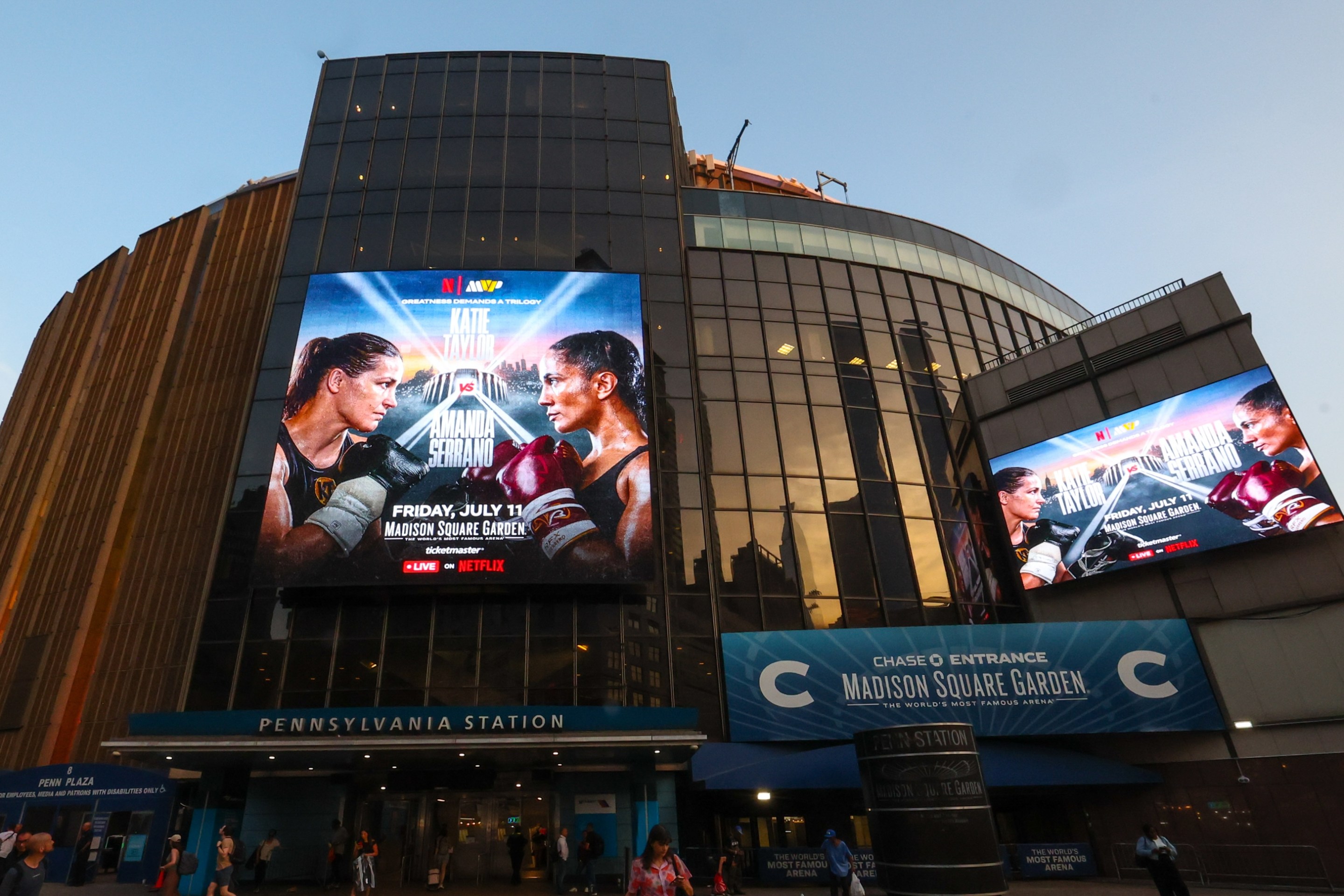 NEW YORK, NEW YORK - JULY 10: Madison Square Garden displays an advertisement for the Katie Taylor v Amanda Serrano fight after the weigh-in on July 10, 2025 in New York City. (Photo by Ed Mulholland/Getty Images)