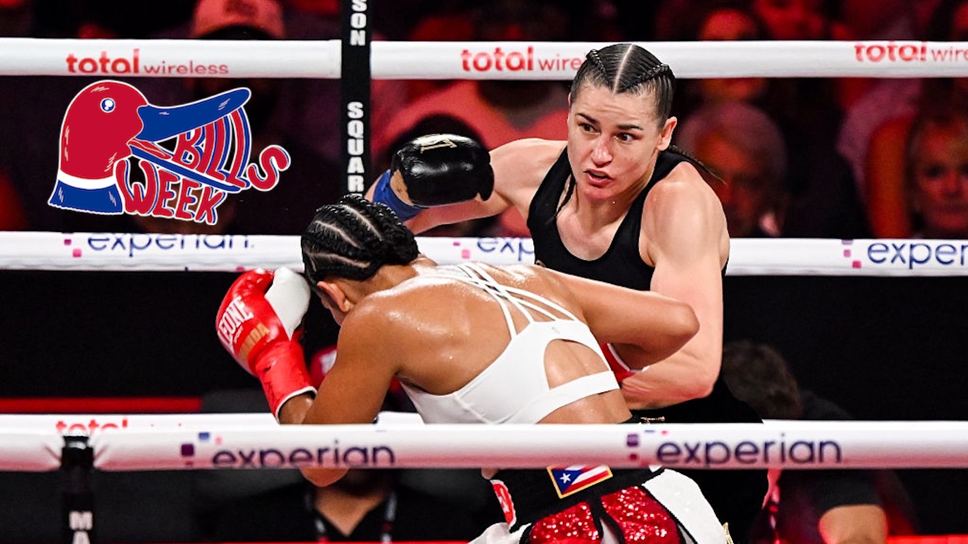 Katie Taylor, right, and Amanda Serrano during their undisputed super lightweight championship fight at Madison Square Garden in New York, USA. (
