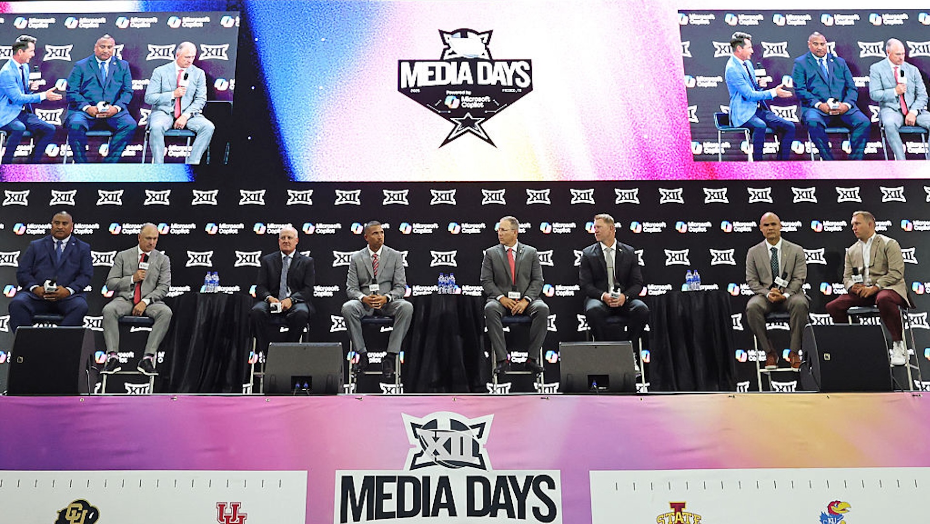Head coach Kalani Sitake of the BYU Cougars, head coach Joey McGuire of the Texas Tech Red Raiders, head coach Matt Campbell of the Iowa State Cyclones, head coach Chris Klieman of the Kansas State Wildcats, head coach Scott Satterfield of the Cincinnatti Bearcats, head coach Scott Frost of the UCF Knights, head coach Dave Aranda of the Baylor Bears and head coach Kenny Dillingham of the Arizona State Sun Devils speak with the media during the Big 12 Media Days at The Ford Center at The Star on July 08, 2025 in Frisco, Texas.