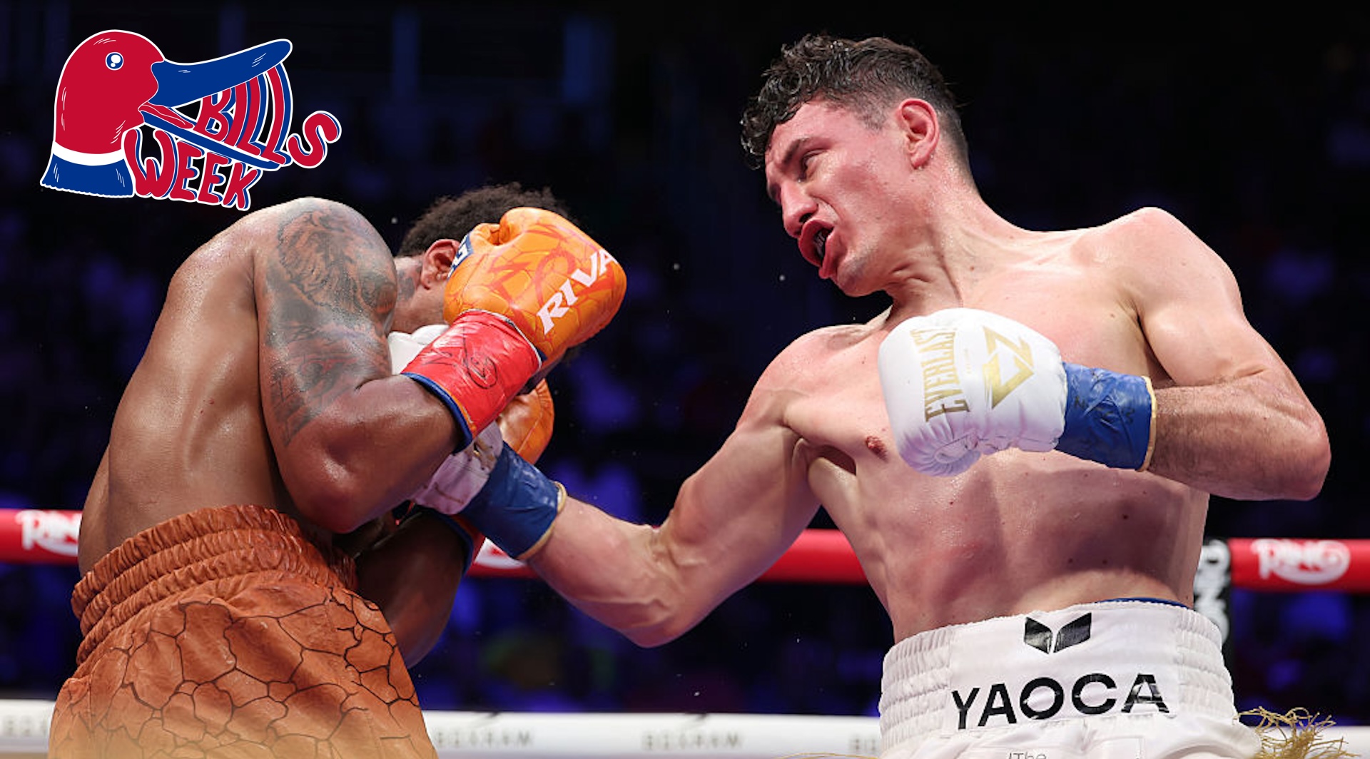 William Zepeda (R) lands a punch on Shakur Stevenson (L) during their lightweight title fight at Louis Armstrong Stadium on July 12, 2025 in New York City.