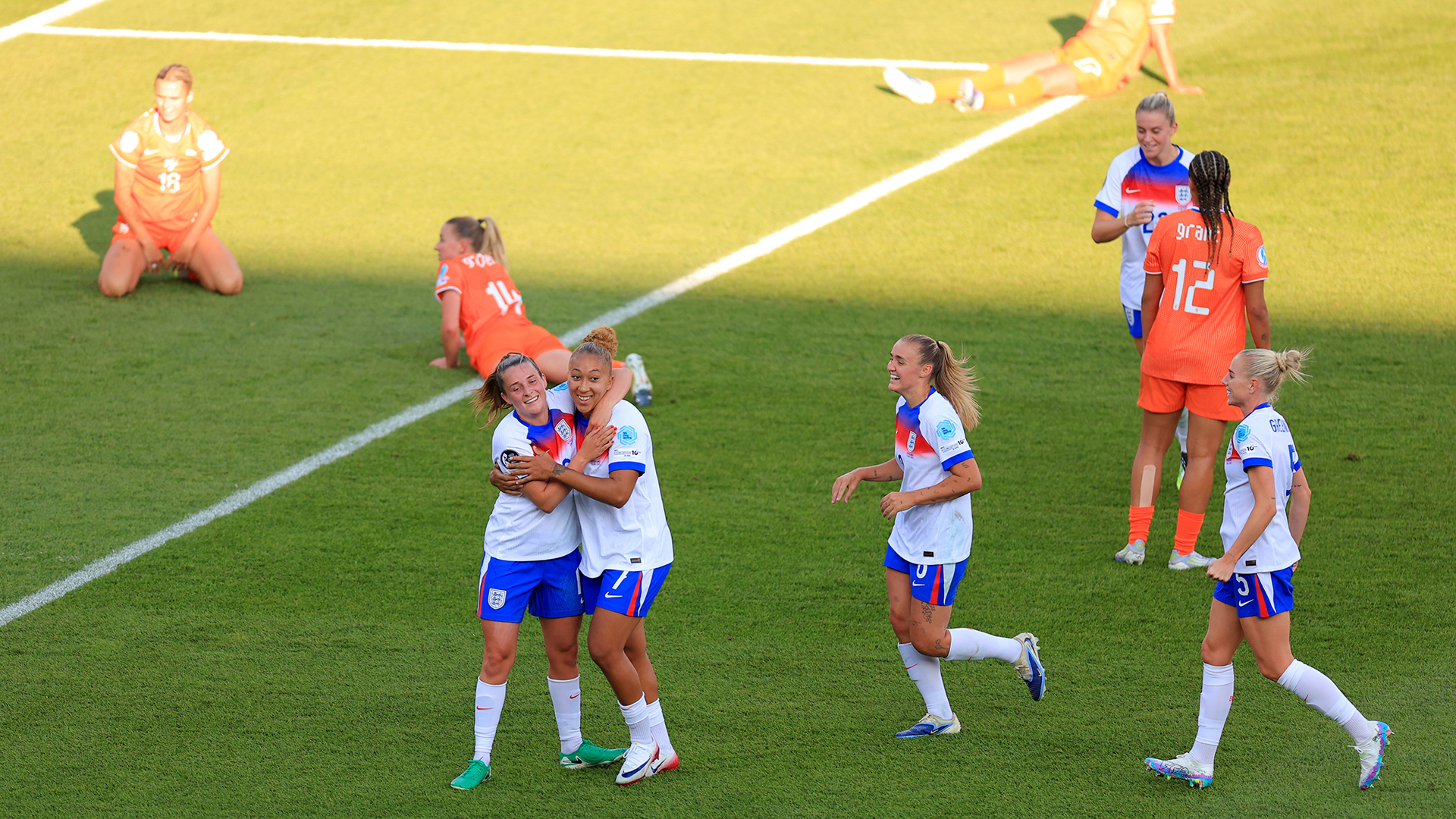 Lauren James of England celebrates with teammate Ella Toone after scoring her team's third goal during the UEFA Women's EURO 2025 Group D match between England and Netherlands at Stadion Letzigrund on July 09, 2025 in Zurich, Switzerland.