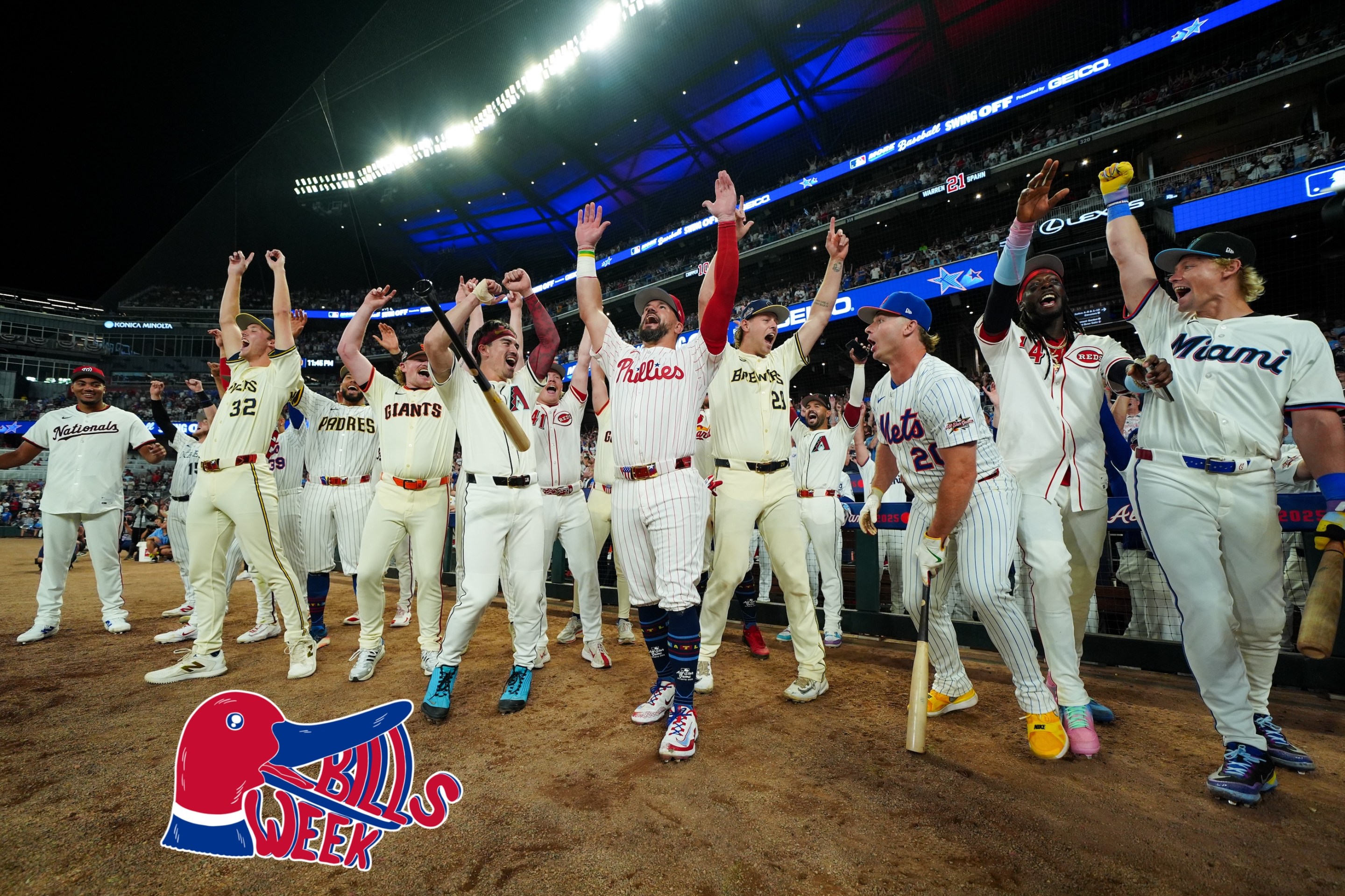 of the Philadelphia Phillies celebrates with teammates after hitting three home runs in three swings to win the Inaugural All-Star Game Swingoff. The Bills Week logo is at lower left.