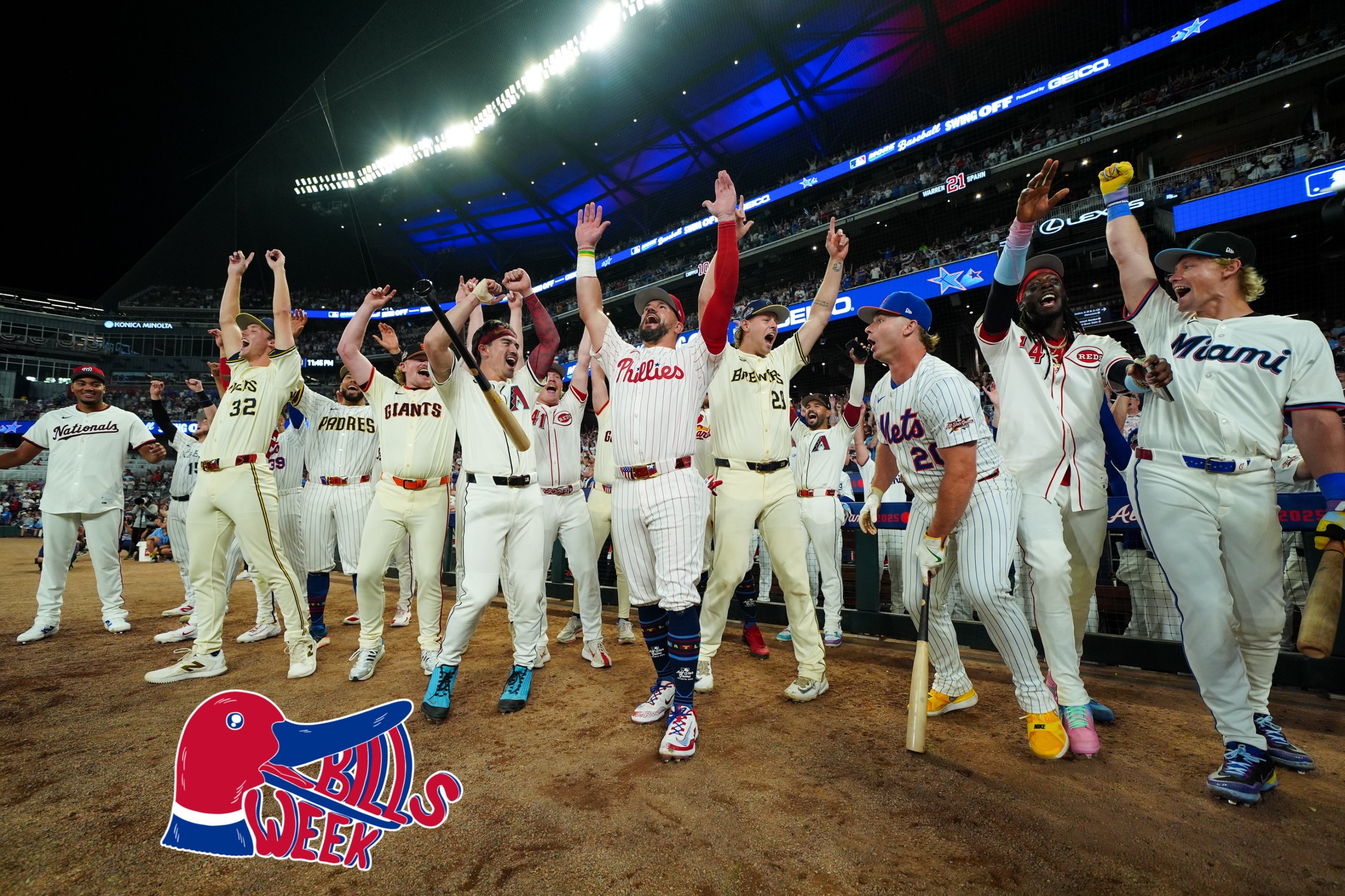 of the Philadelphia Phillies celebrates with teammates after hitting three home runs in three swings to win the Inaugural All-Star Game Swingoff. The Bills Week logo is at lower left.