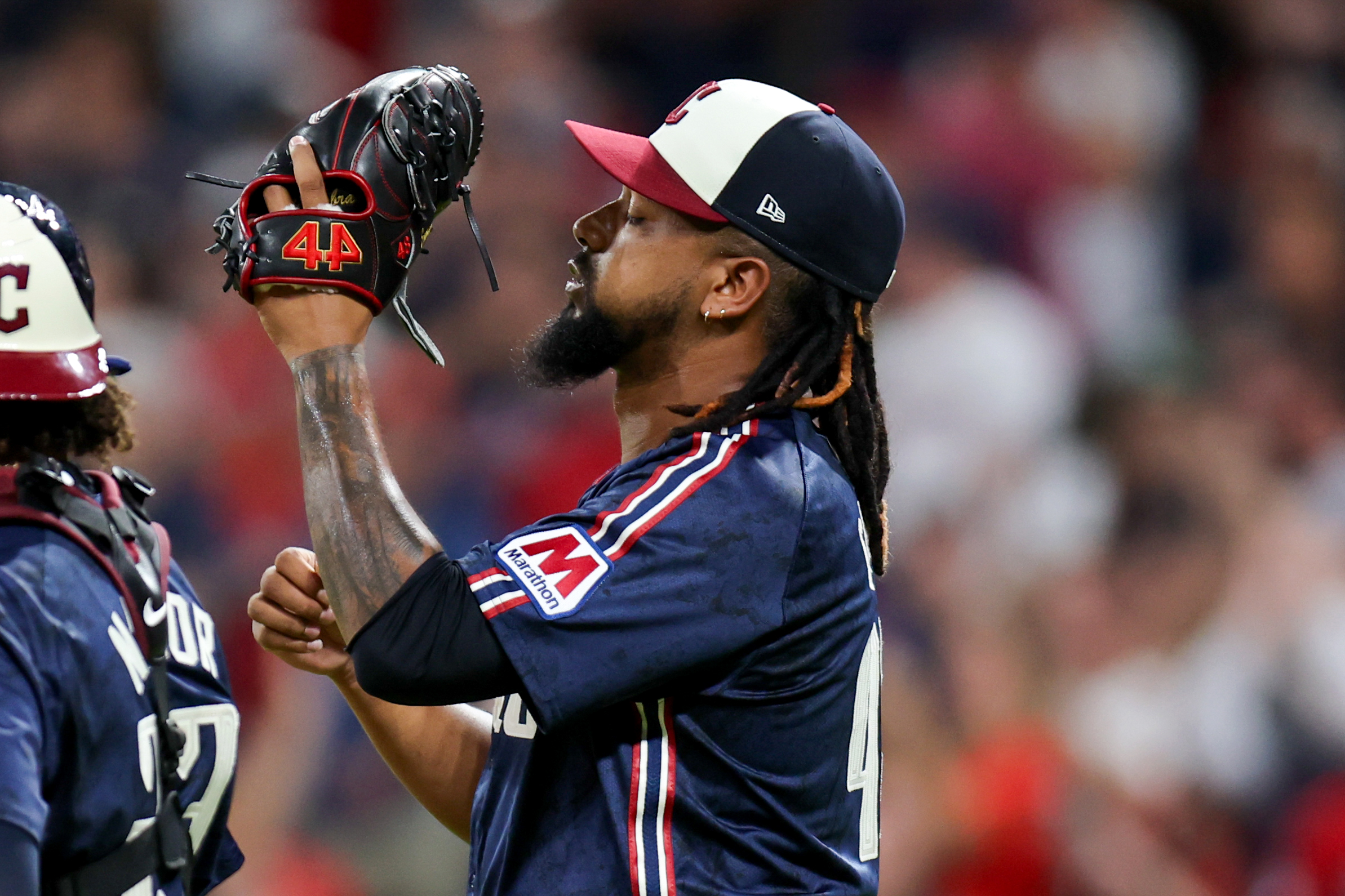 Cleveland Guardians relief pitcher Emmanuel Clase (48) celebrates following the Major League Baseball game between the Athletics and Cleveland Guardians on July 18, 2025, at Progressive Field in Cleveland, OH.