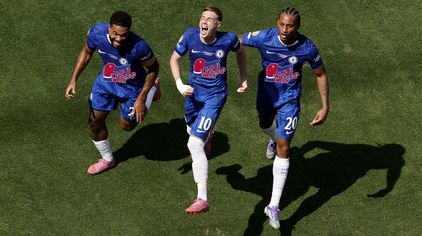Cole Palmer of Chelsea FC celebrates scoring his team's second goal with teammates Reece James and Joao Pedro of Chelsea during the FIFA Club World Cup 2025 Final match between Chelsea FC and Paris Saint-Germain at MetLife Stadium on July 13, 2025 in East Rutherford, New Jersey.