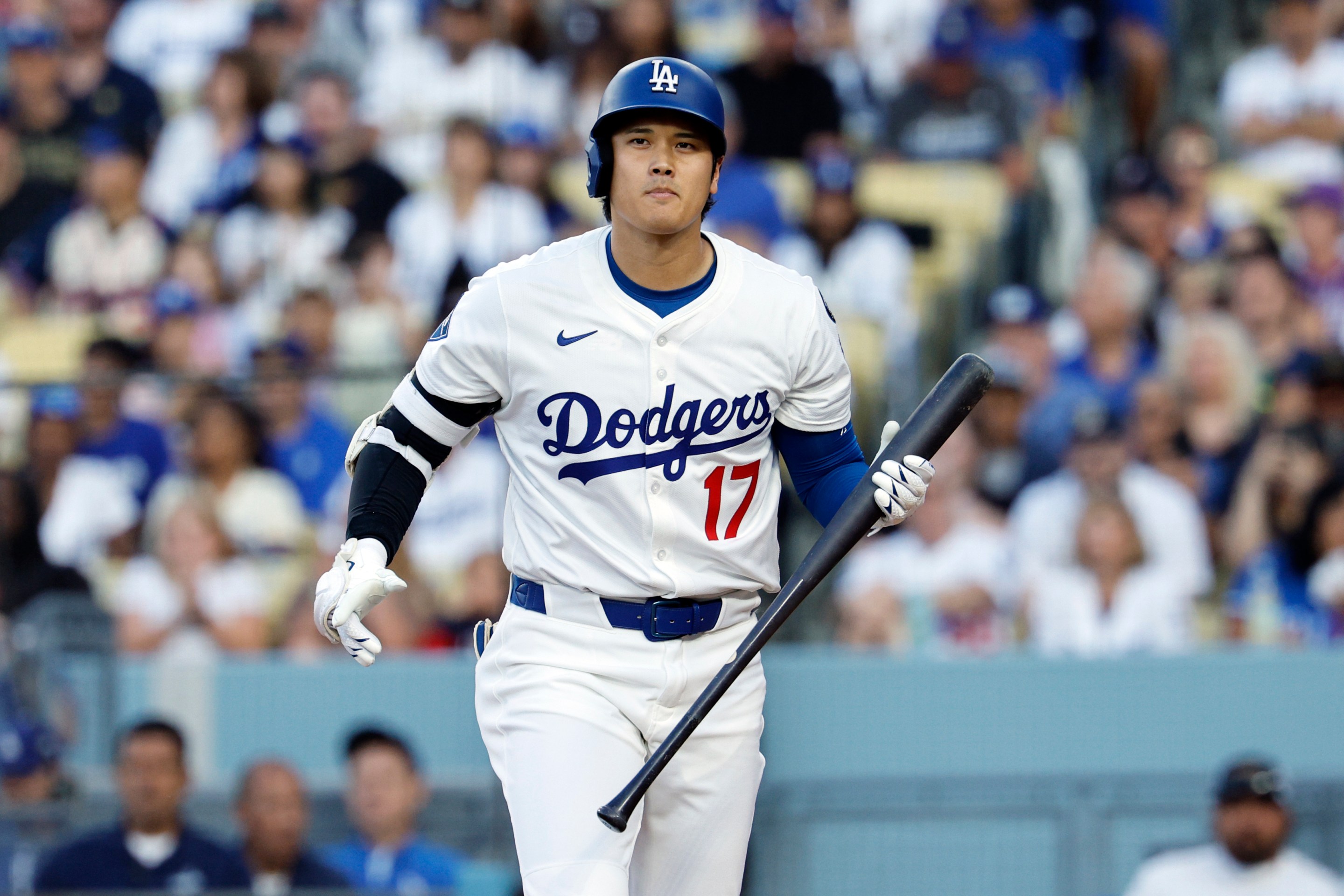 Shohei Ohtani #17 of the Los Angeles Dodgers strikes out