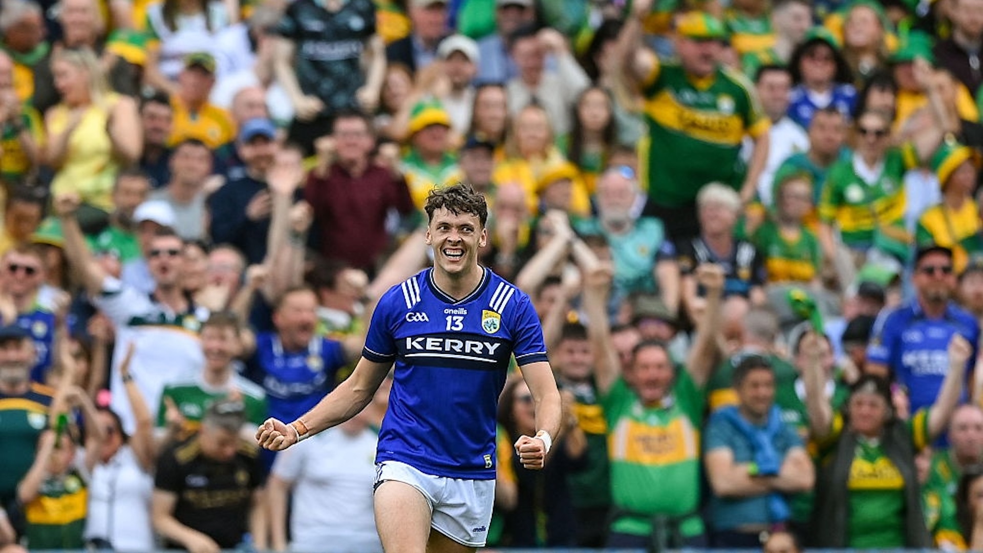 David Clifford of Kerry celebrates his side's goal, scored by team-mate Joe O'Connor, not pictured, during the GAA Football All-Ireland Senior Championship final match between Kerry and Donegal at Croke Park in Dublin.
