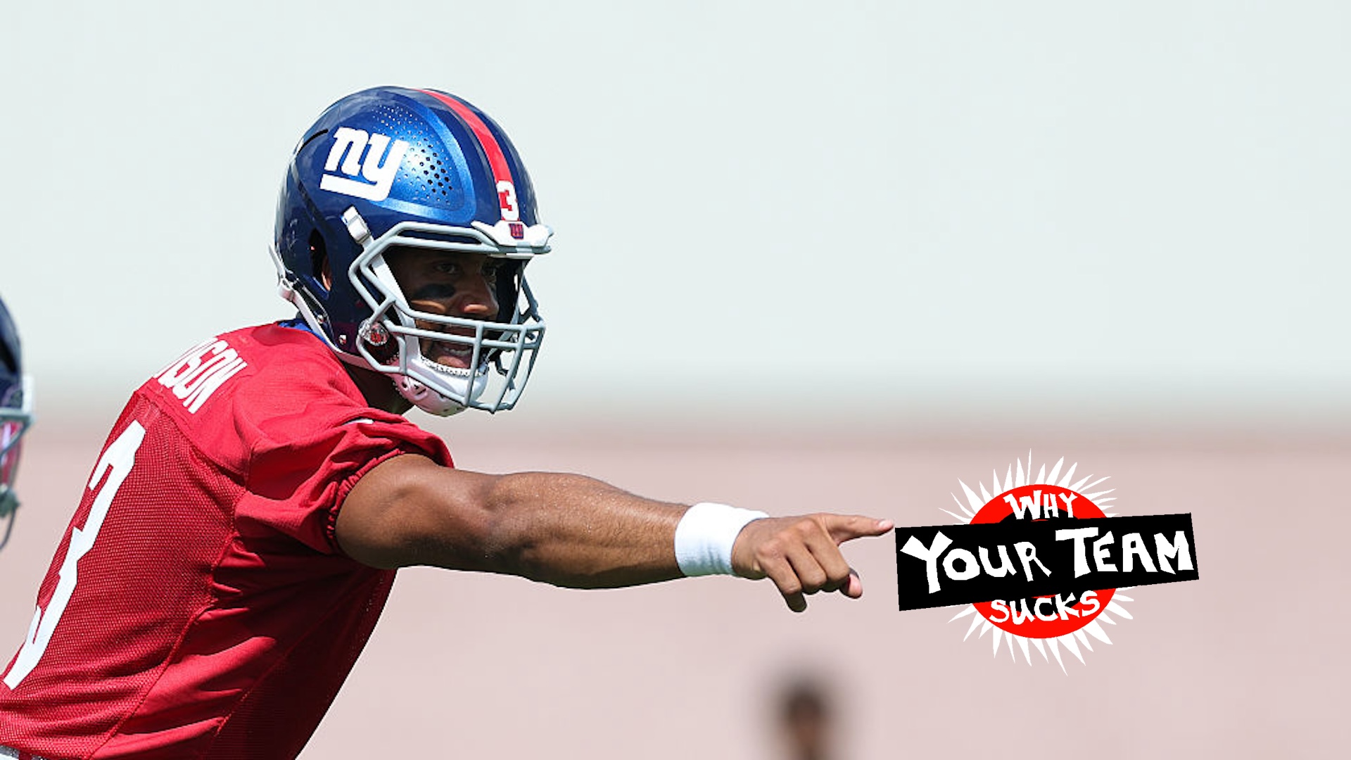 Russell Wilson #3 of the New York Giants gestures to his teammates during training camp at Quest Diagnostics Training Center on July 23, 2025 in East Rutherford, New Jersey.