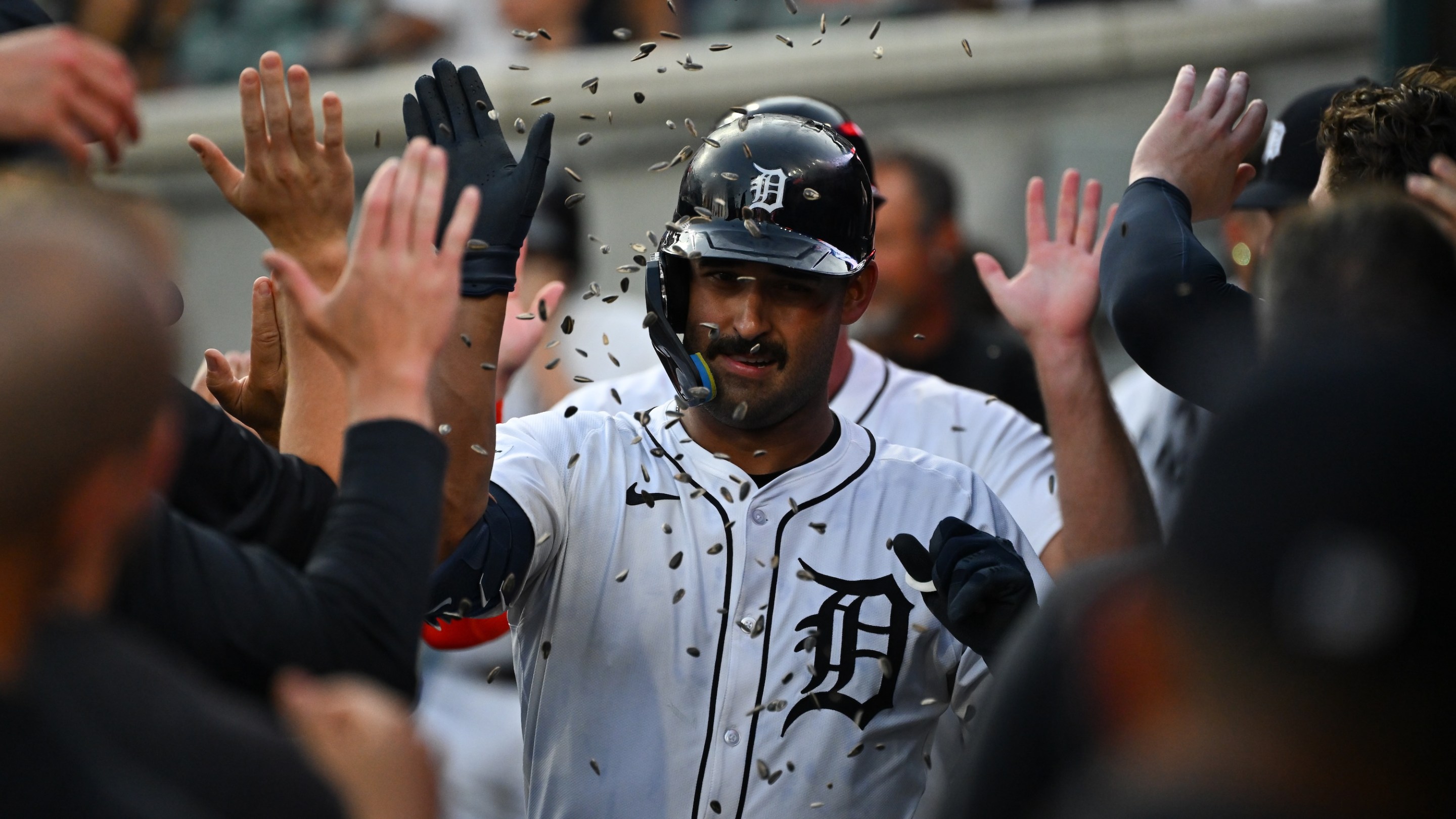 DETROIT, MI - JULY 29: Detroit Tigers outfielder Riley Greene (31) gets congratulated in the dugout following his two run homer in the fifth inning during the game between the Detroit Tigers versus the Arizona Diamondbacks on Tuesday July 29, 2025 at Comerica Park in Detroit, MI. (Photo by Steven King/Icon Sportswire)