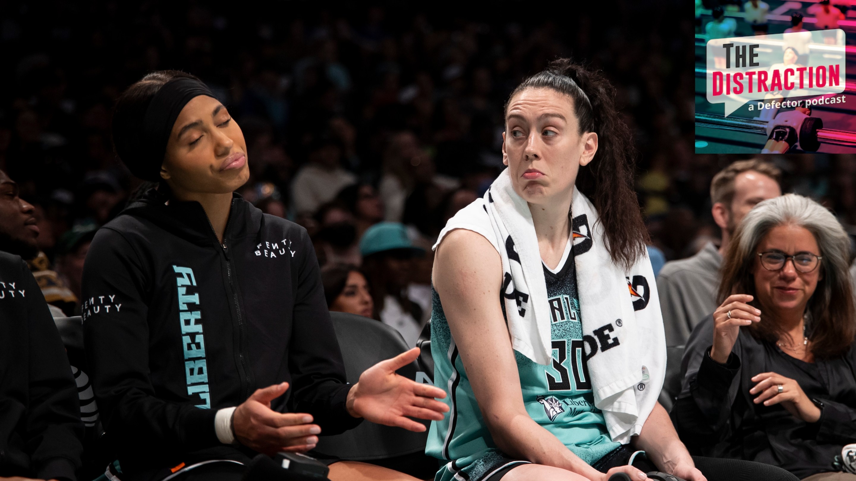 Isabelle Harrison and Breanna Stewart of the New York Liberty making some fantastic What Can You Do faces on the bench during a July 25 game against the Phoenix Mercury.