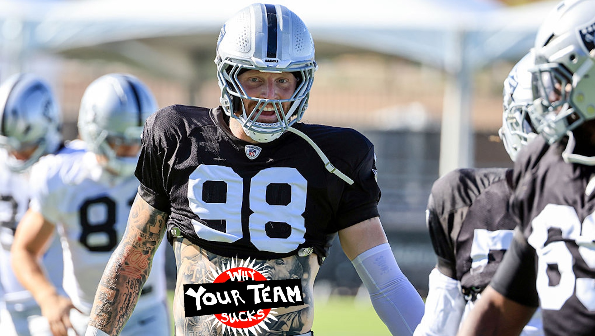 Maxx Crosby #98 of the Las Vegas Raiders practices during the team's training camp at the Las Vegas Raiders Headquarters/Intermountain Health Performance Center on July 28, 2025 in Henderson, Nevada.