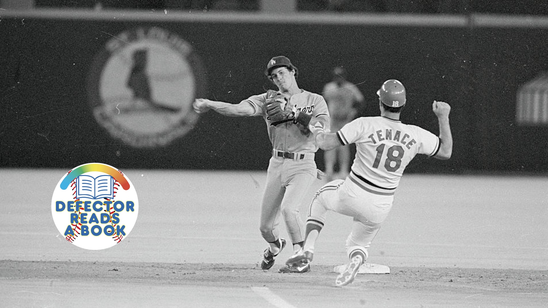 (Original Caption) St. Louis: Los Angeles Dodgers' Steve Sax is forced to make a leaping throw over sliding St. Louis Cardinals' Gene Tenace to allow David Green to beat the ball to first in the fourth inning. Green hit to Dodgers' Bill Russell to force out Tenace at second. The Dodgers defeated the Cards 11-3.