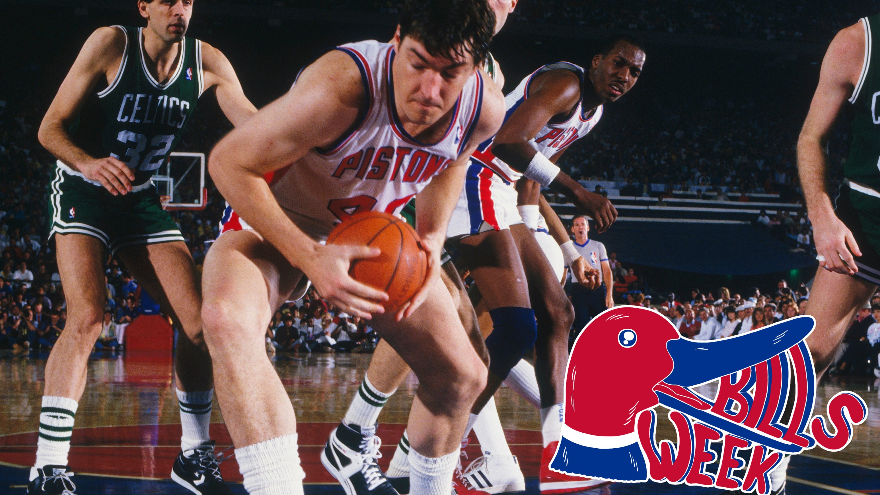 Bill Laimbeer #40 takes the ball during the NBA playoffs against the Boston Celtics