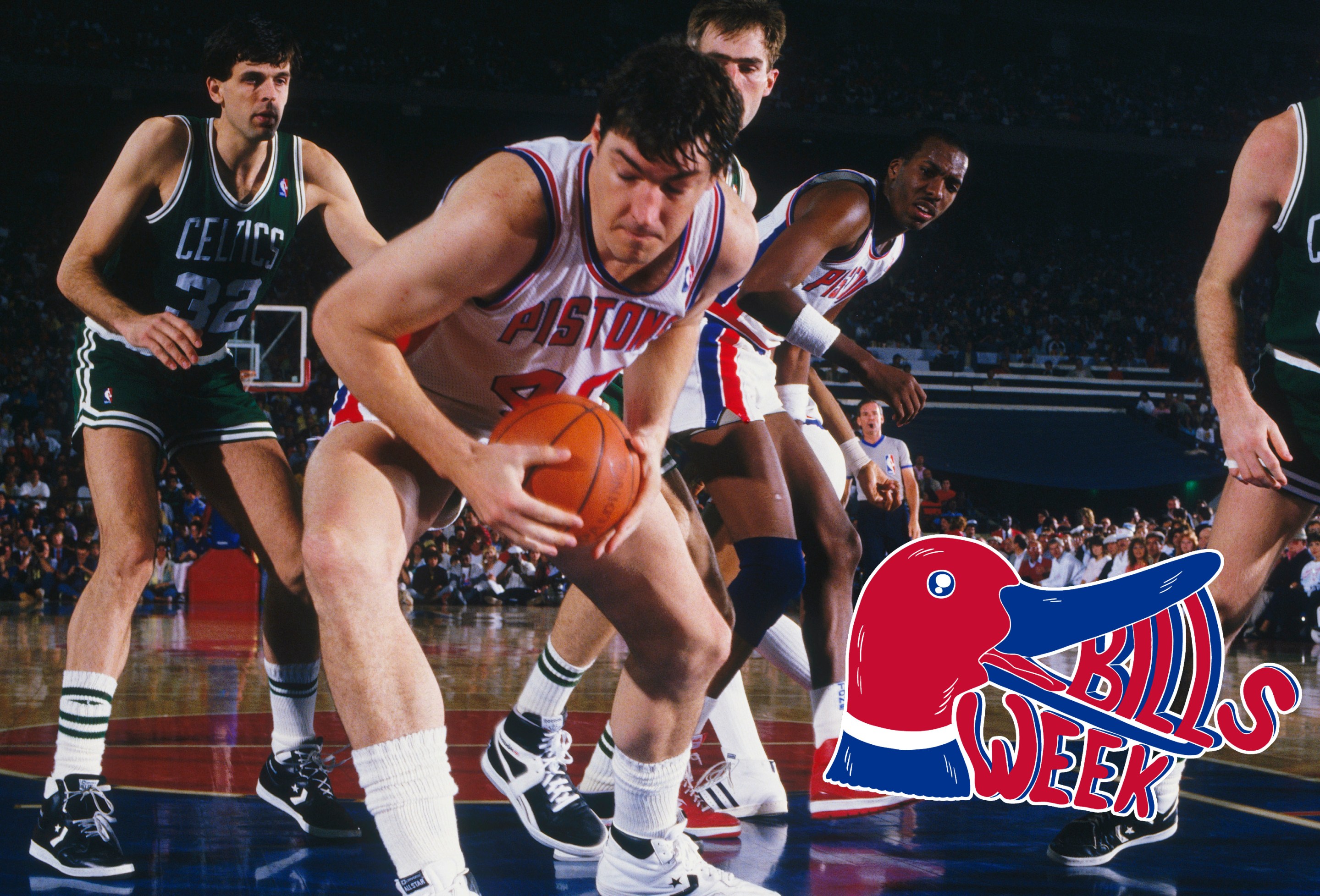 Bill Laimbeer #40 takes the ball during the NBA playoffs against the Boston Celtics