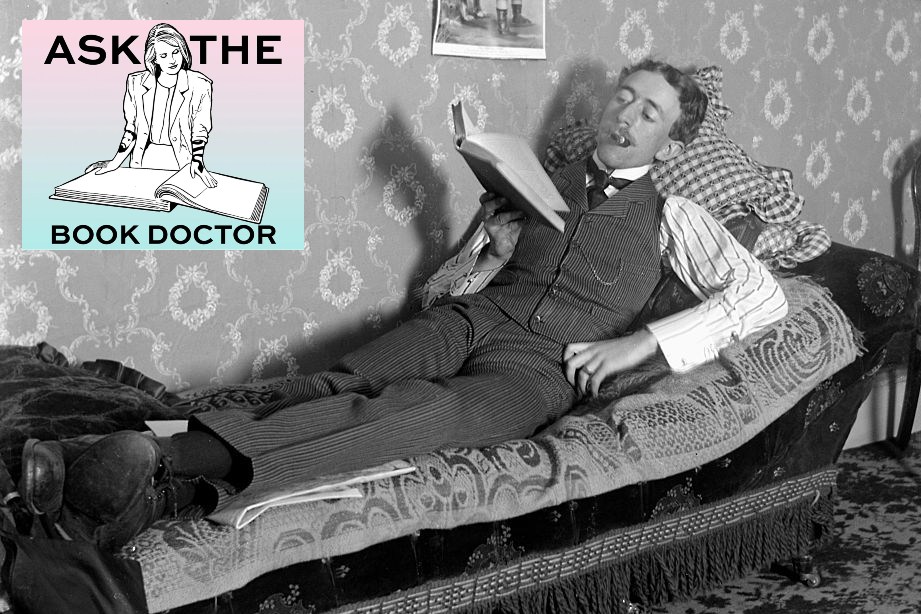 black and white photo of a man with a pipe lounging with a book