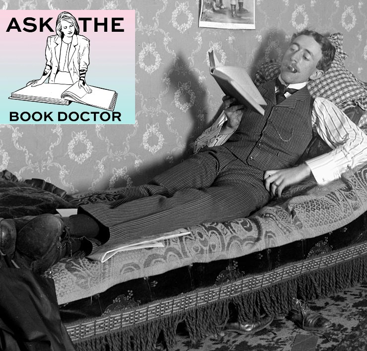 black and white photo of a man with a pipe lounging with a book