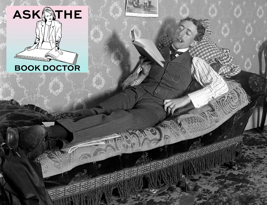 black and white photo of a man with a pipe lounging with a book