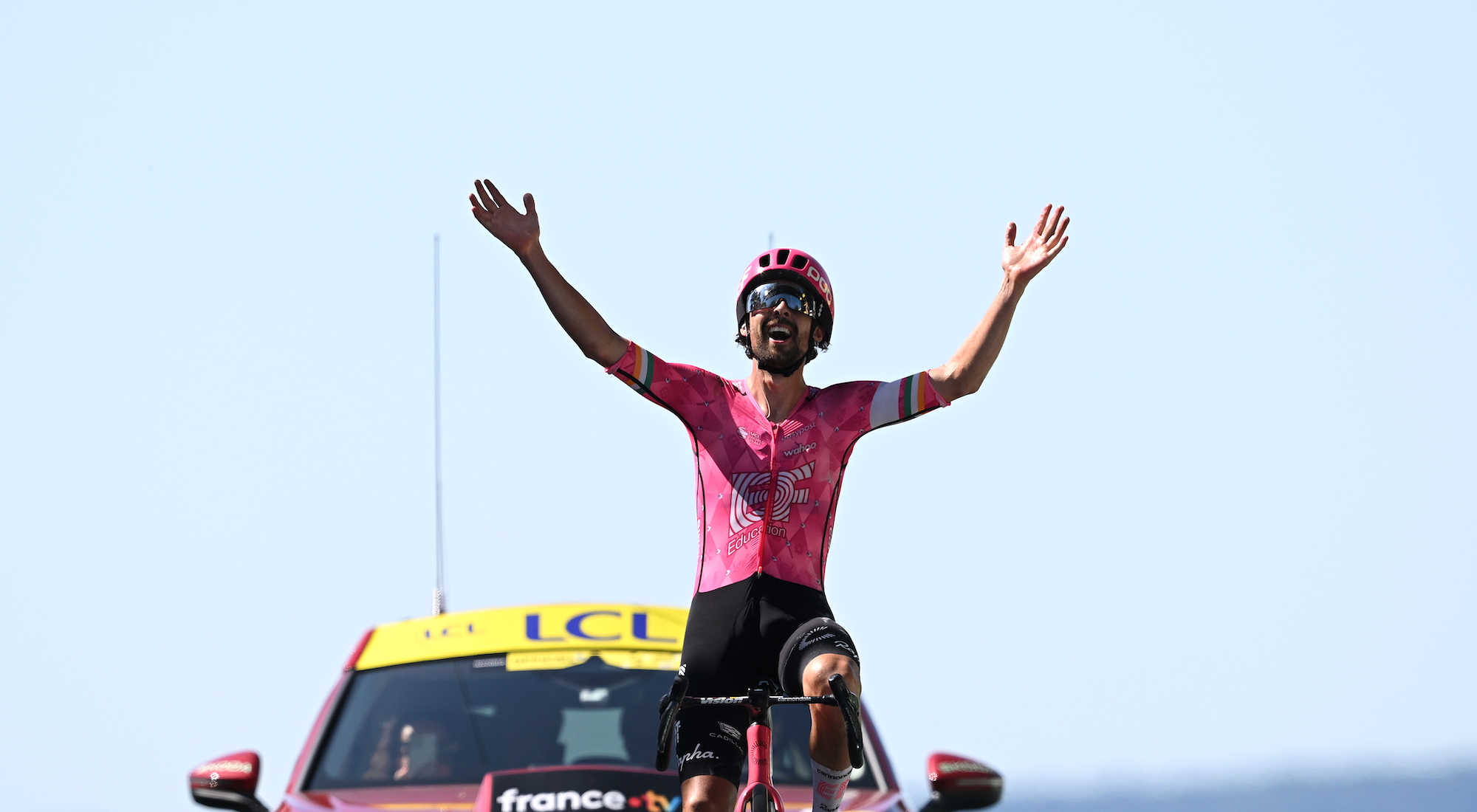 Ben Healy of Ireland and Team EF Education - EasyPost celebrates at finish line as stage winner during the 112th Tour de France, Stage 6 a 201.5km stage from Bayeux to Vire Normandie