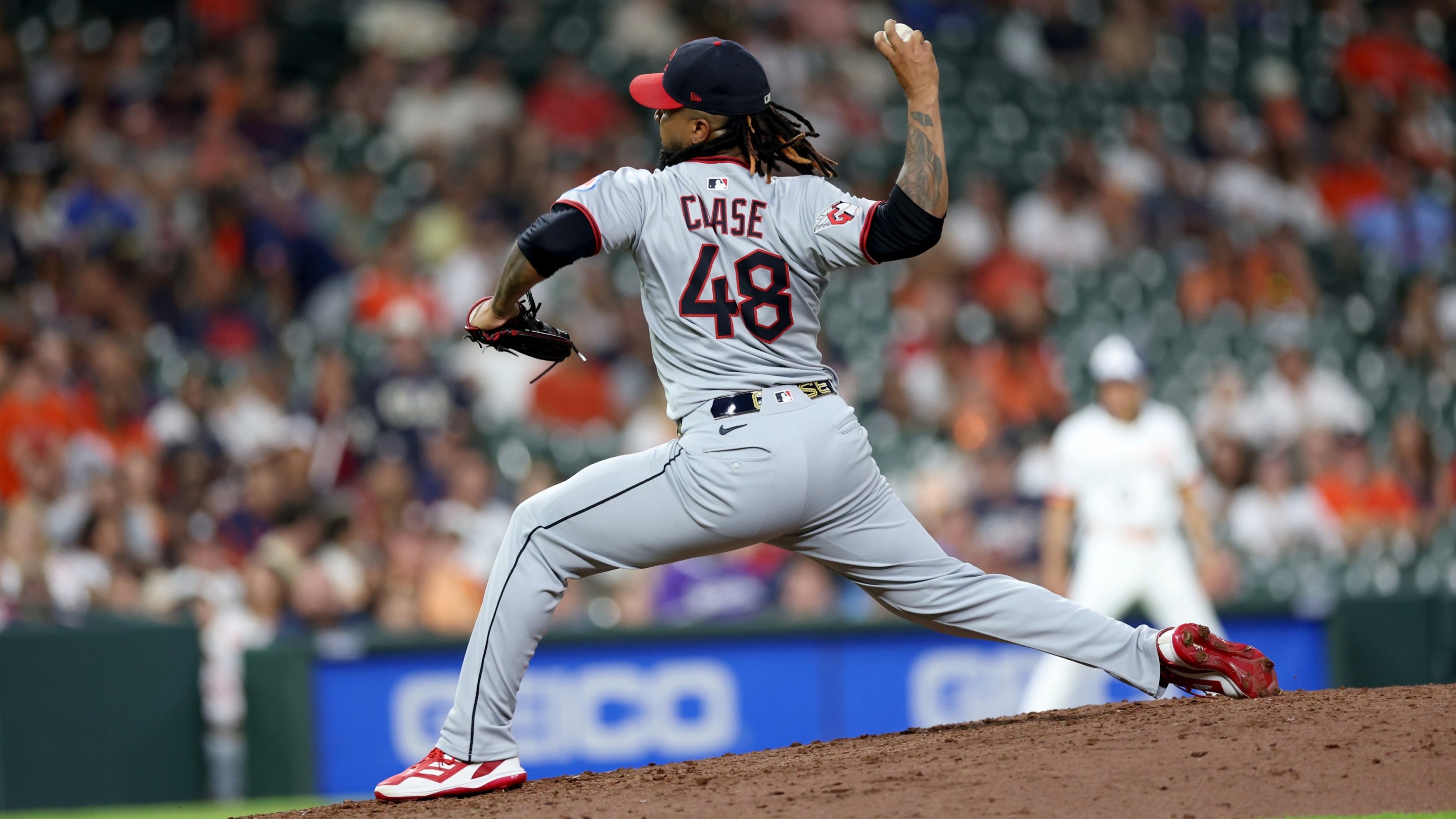 Emmanuel Clase #48 of the Cleveland Guardians pitches in the ninth inning against the Houston Astros.