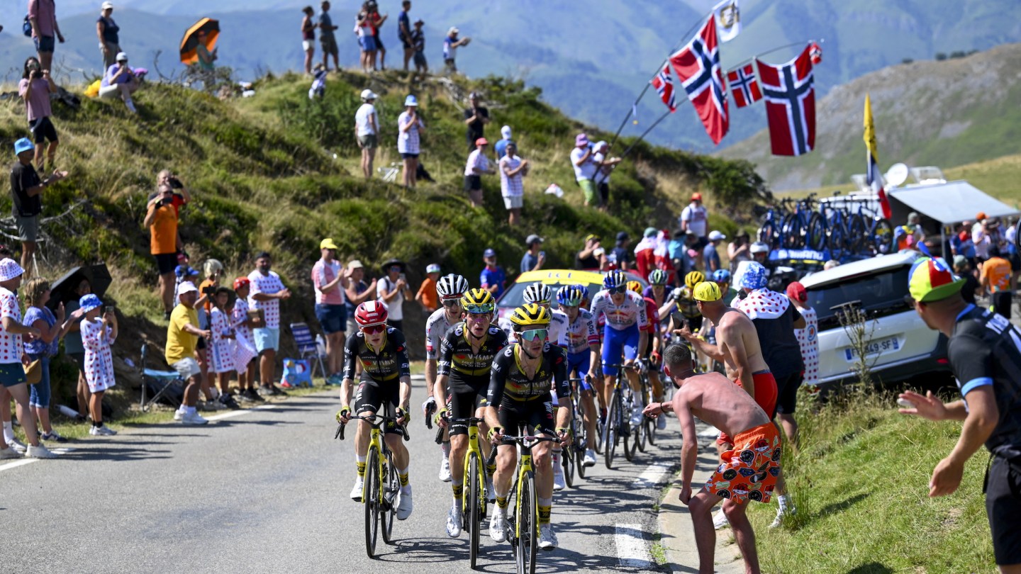 Slovenian Tadej Pogacar of UAE Team Emirates and Danish Jonas Vingegaard Hansen of Team Visma-Lease a Bike pictured in action during stage 12 of the 2025 Tour de France cycling, from Auch to Hautacam (181 km), on Thursday 17 July 2025 in France.