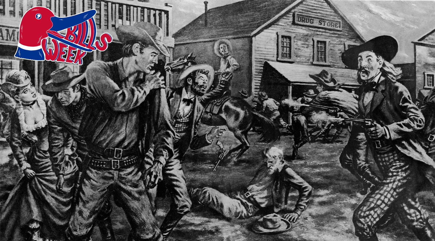 An illustration of Wild Bill Hickock shooting a guy with the last name Williams in the Old West.