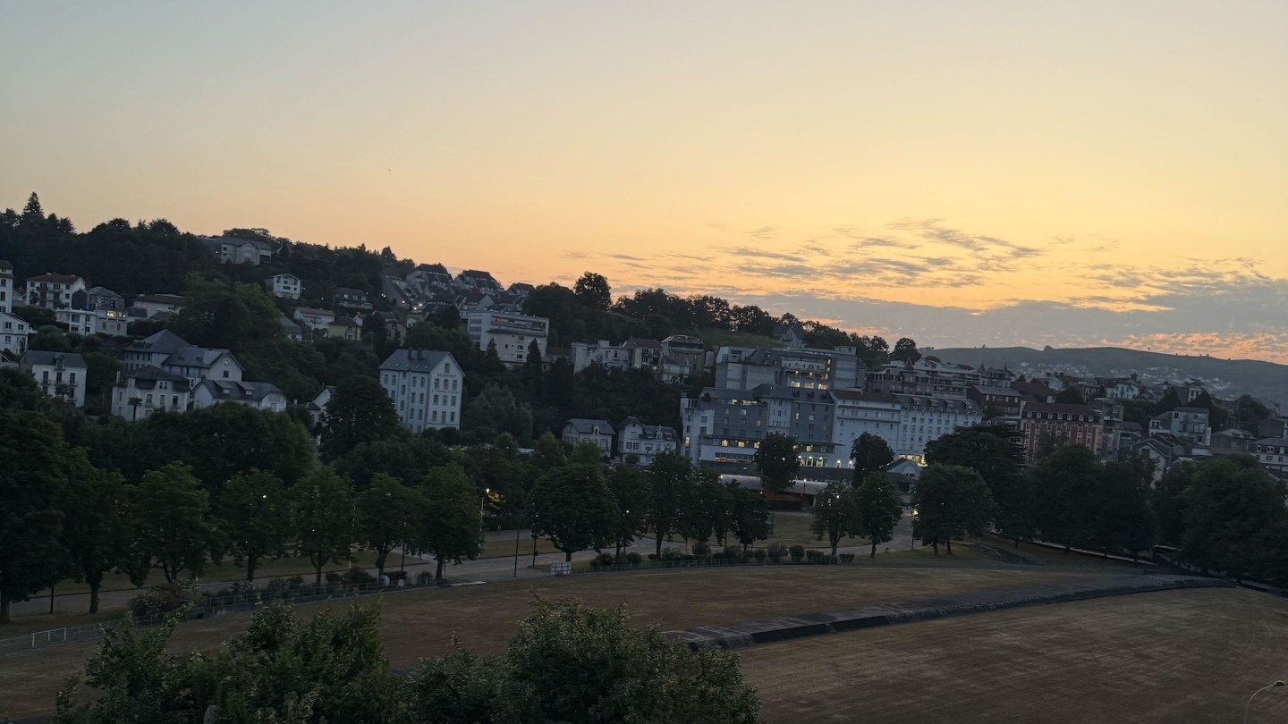The town of Lourdes at dusk.