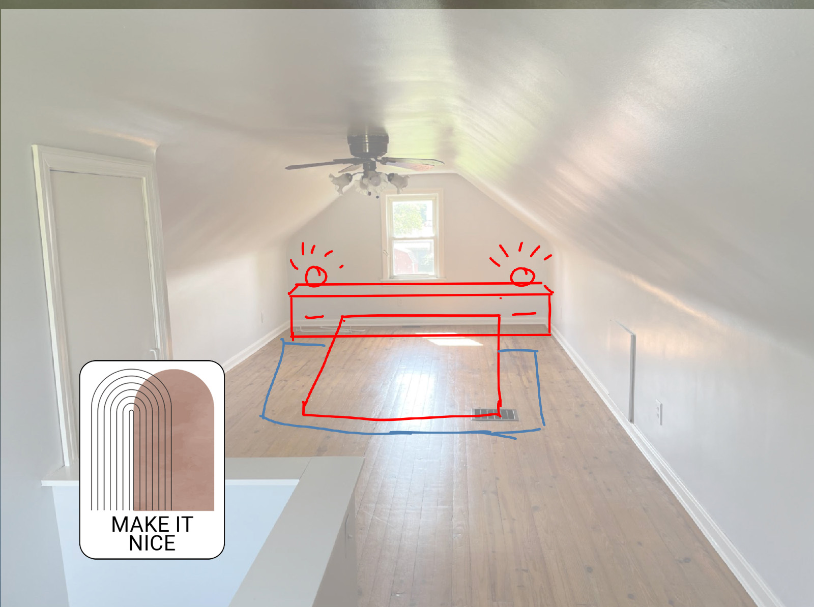 A big empty top floor room with a fan and the make it nice logo over it