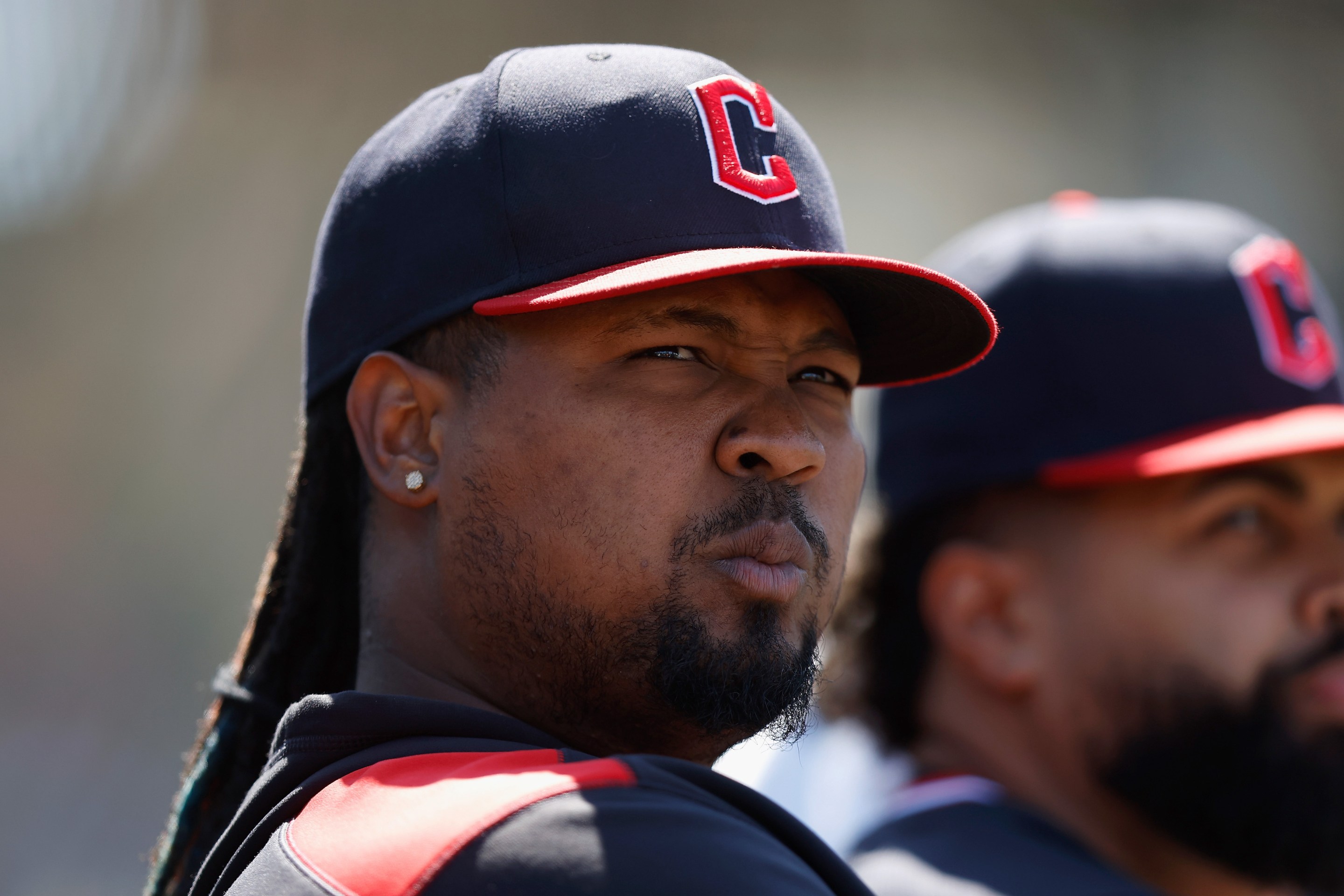 Luis L. Ortiz #45 of the Cleveland Guardians looks on from the dugout during the game against the Athletics.