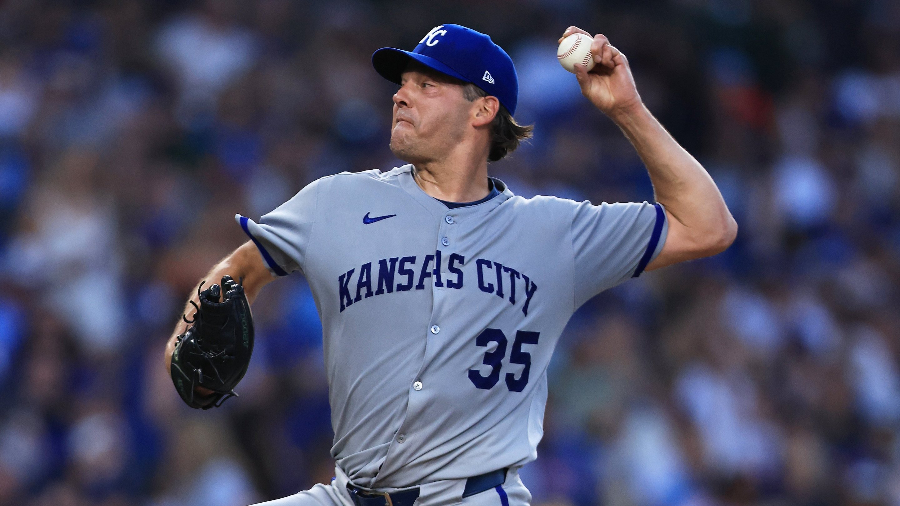 Rich Hill #35 of the Kansas City Royals pitches during the second inning against the Chicago Cubs.