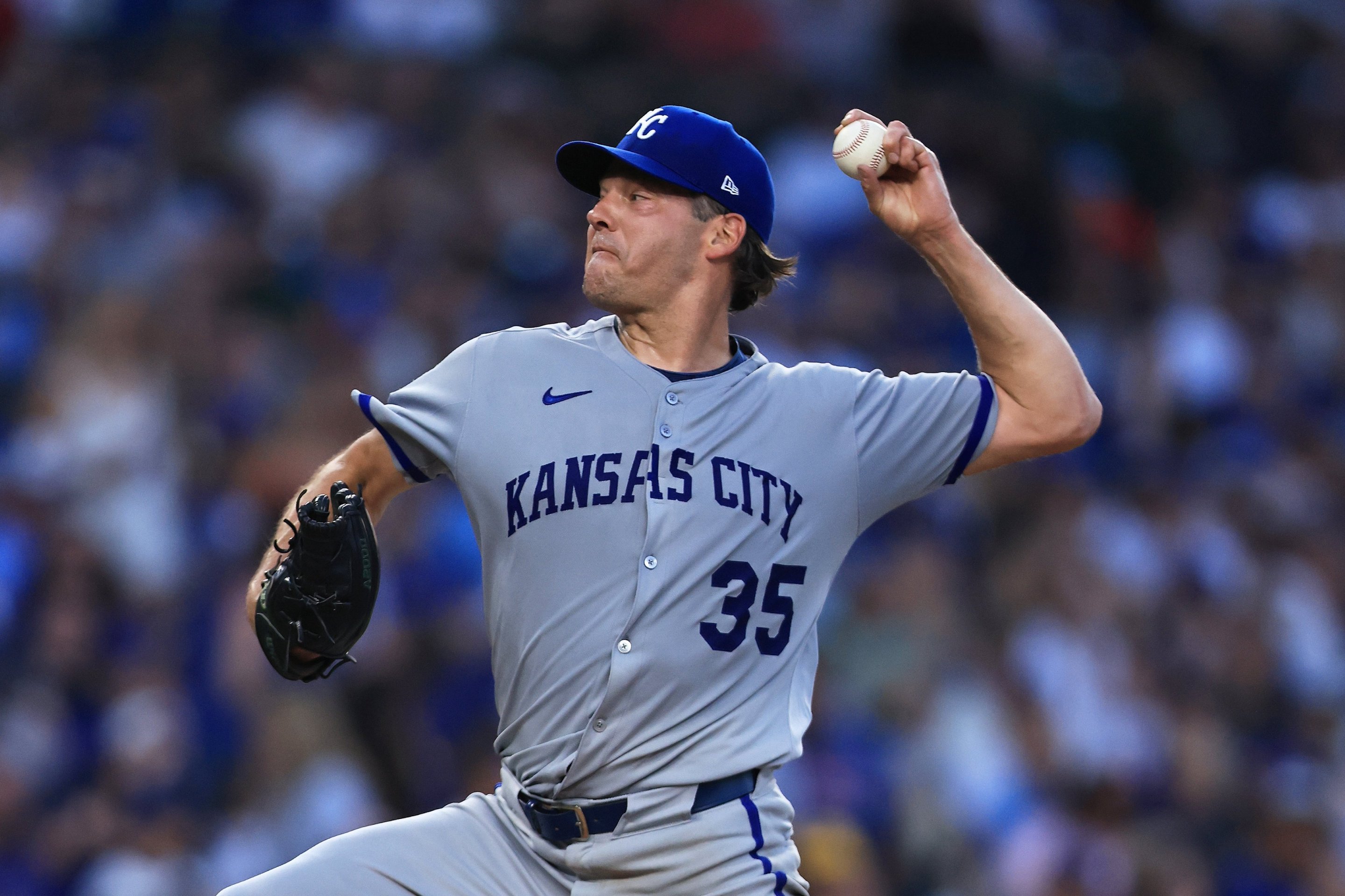 Rich Hill #35 of the Kansas City Royals pitches during the second inning against the Chicago Cubs.