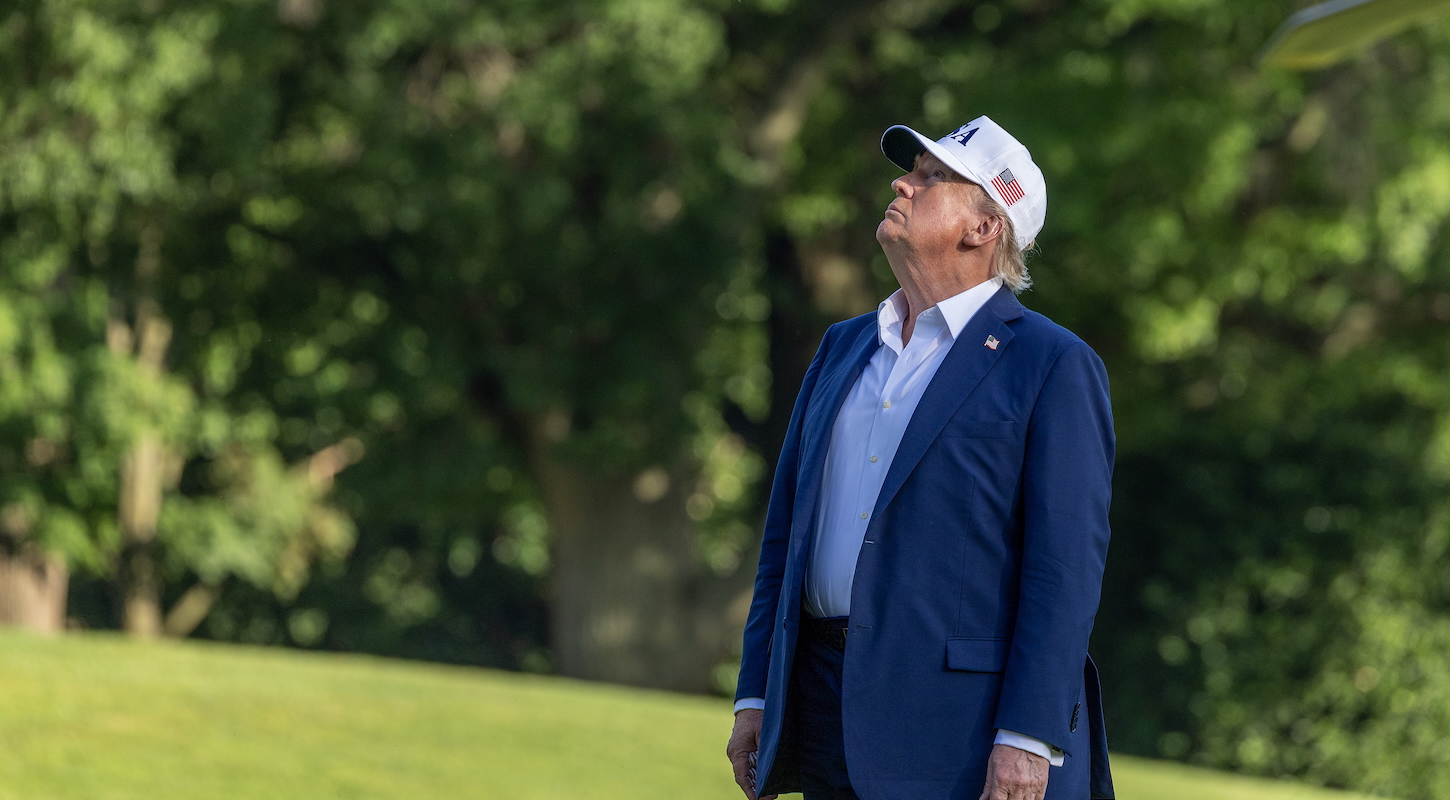Donald Trump looks up at the new flag on the south lawn of the White House on July 06, 2025 in Washington, DC.