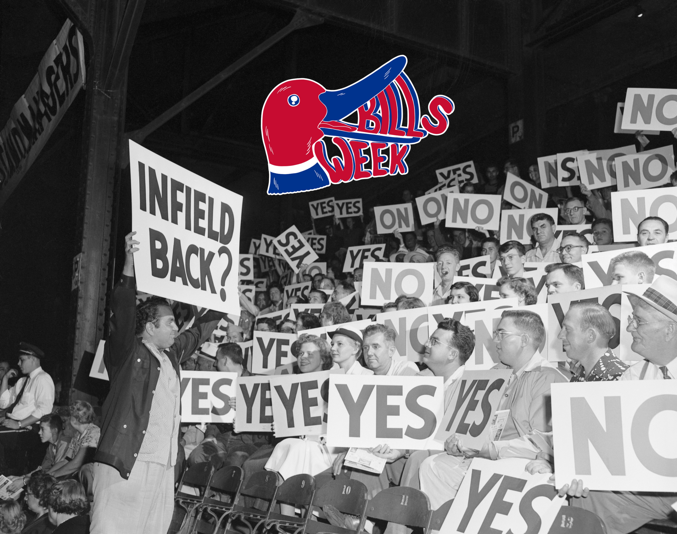 Bill Veeck holds up a sign to the crowd so they can manage the baseball game