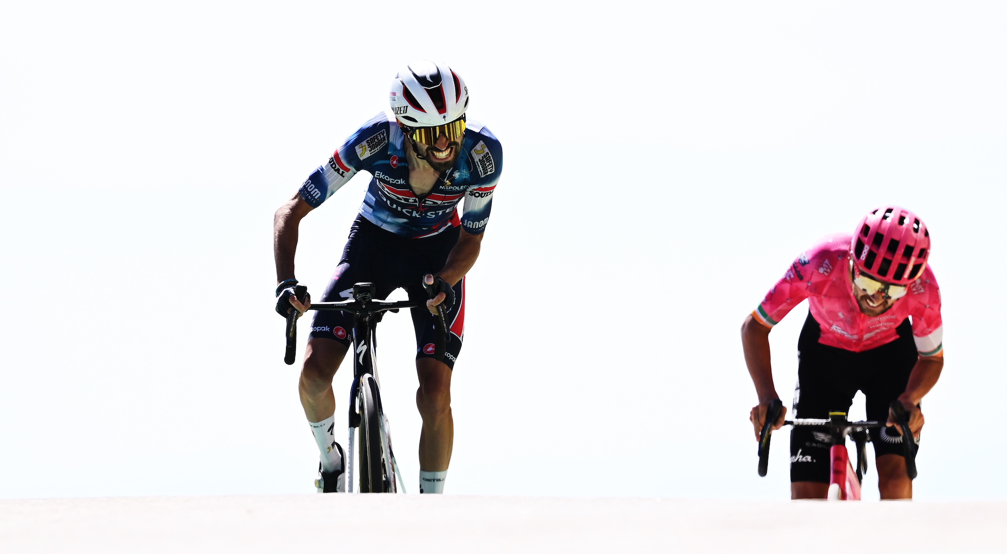 Valentin Paret-Peintre of France and Team Soudal Quick-Step and Ben Healy of Ireland and Team EF Education - EasyPost sprint at finish line to win during Stage 16 of the 112th Tour de France 2025.