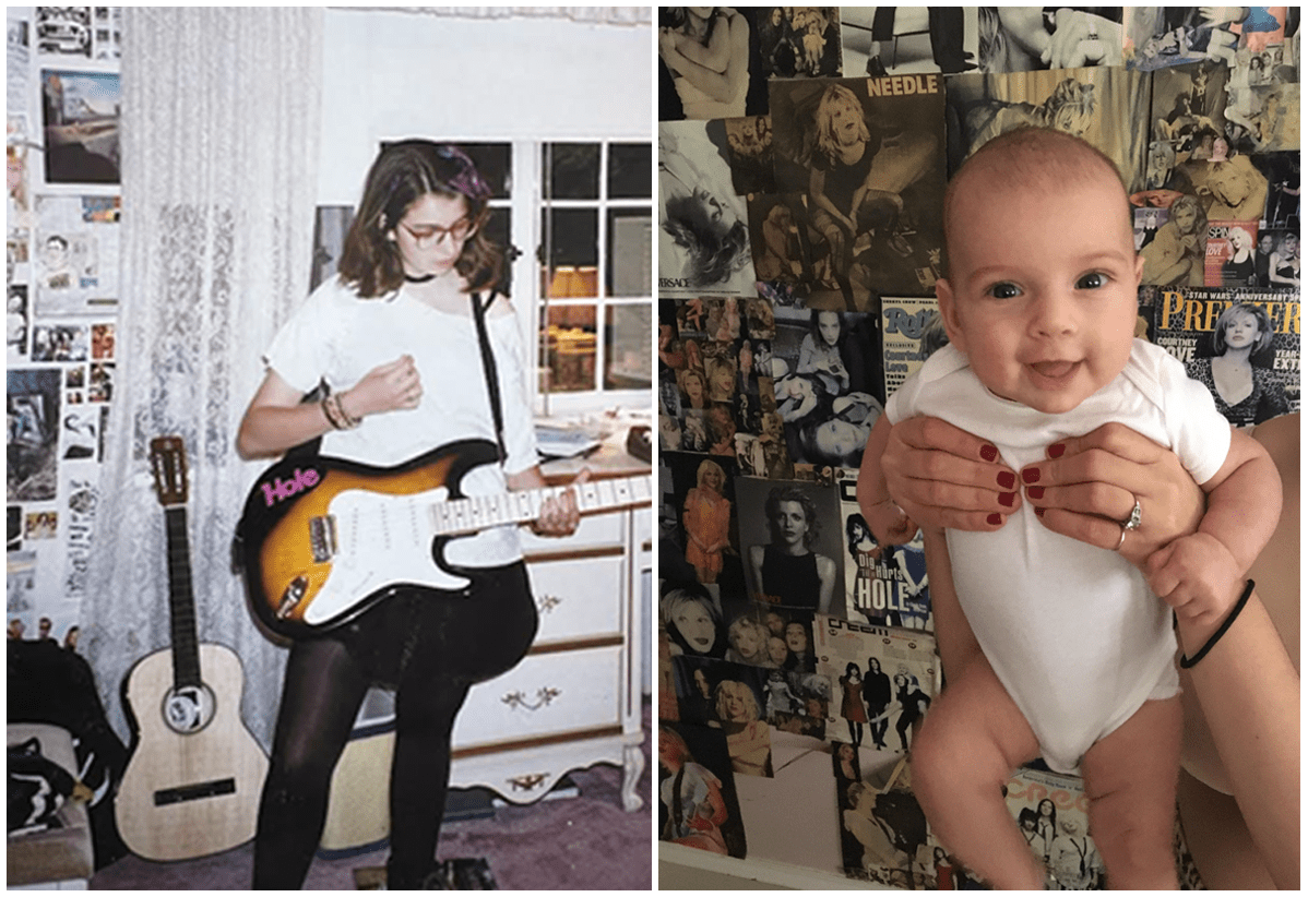 Amy at 14 in her childhood bedroom (L) / Amy's daughter as a baby in that same room (R).