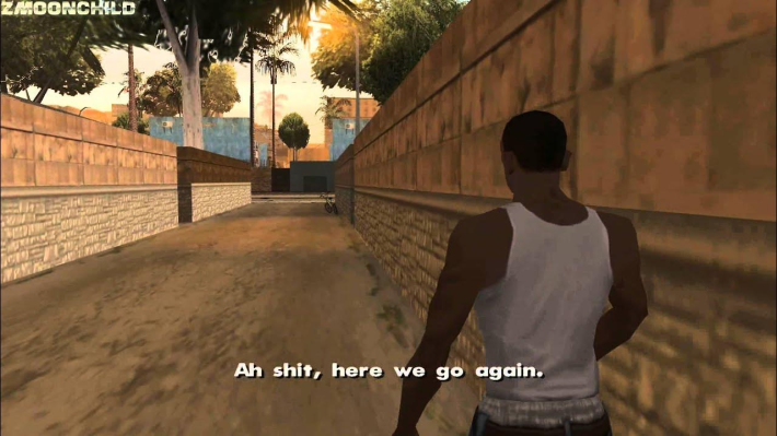 The character from Grand Theft Auto Vice City walking and saying "Ah shit, here we go again."